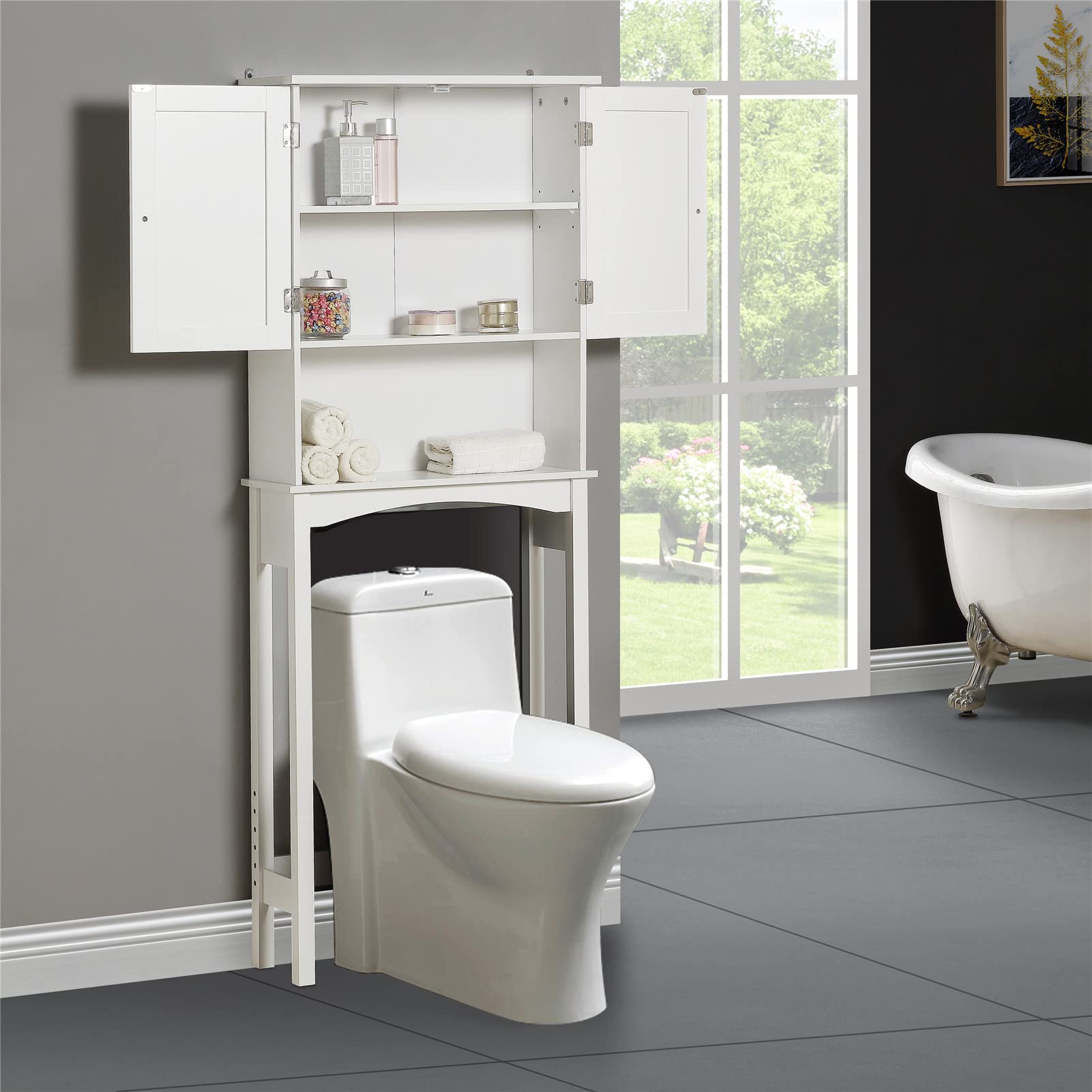 Over-The-Toilet Storage Cabinet - Freestanding Bathroom Organizer with Adjustable Shelves & Double Doors | Space-Saving Towel & Toilet Paper Storage | Perfect for Small Bathrooms & Apartment Living