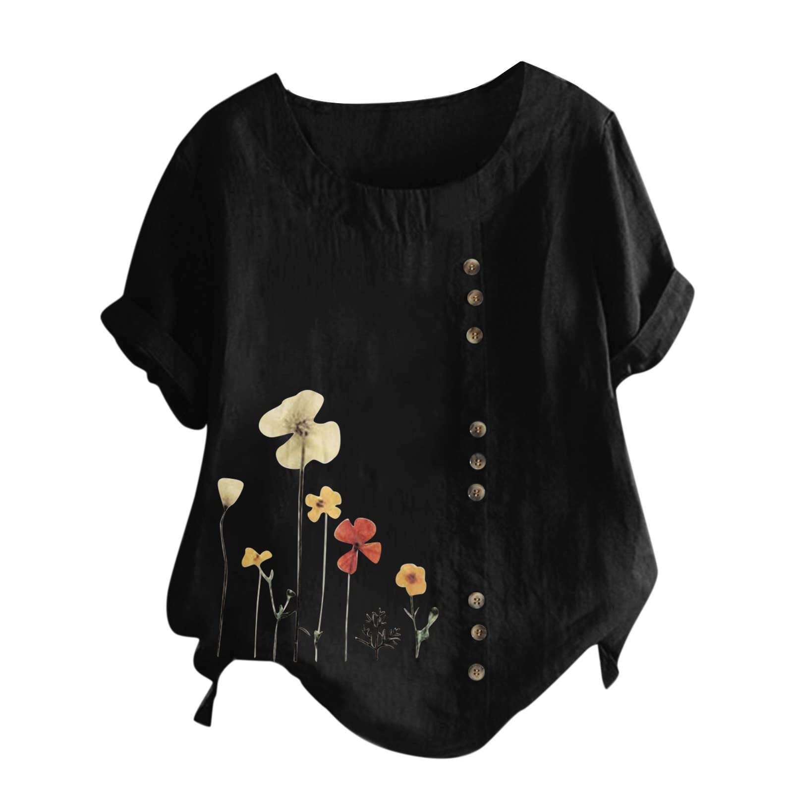 Oversized Short Sleeve T-Shirts for Women - Summer Crewneck Blouses with Cute Flower Print - Casual Button Down Tees for Beach, Vacation & Everyday Wear