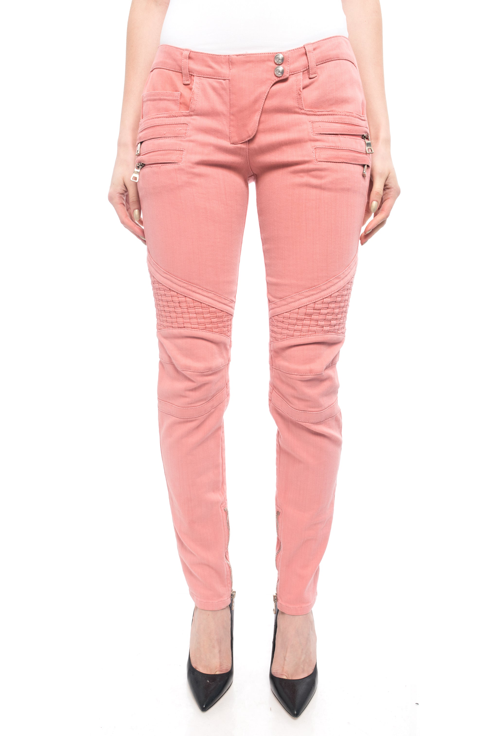 Balmain Pink Biker Denim Skinny Low Rise Motorcycle Jeans for Women - Size 38 - Trendy Distressed Stretch Denim Pants for Casual Wear & Night Out