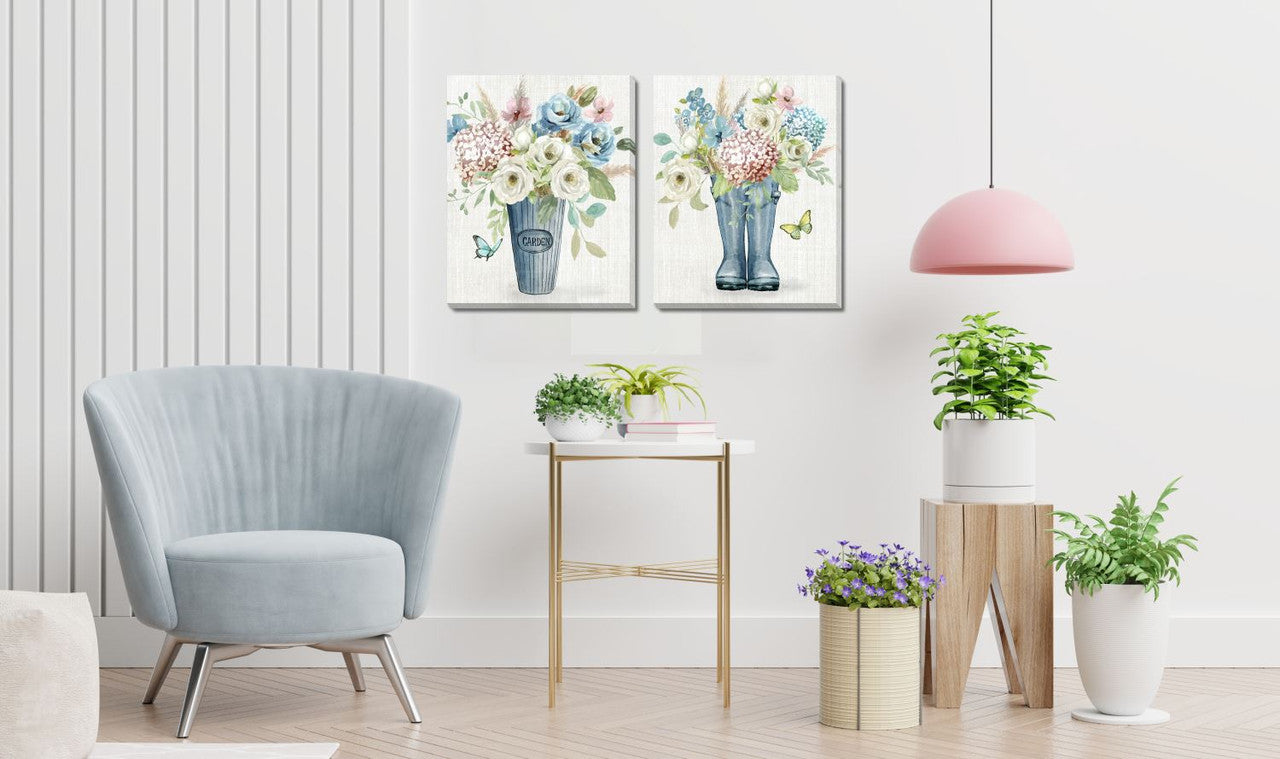 Blue Boot Blooms Wall Art - Blue, Green, White - 16x20 Inches - Farmhouse Decor for Living Room, Bedroom & Kitchen