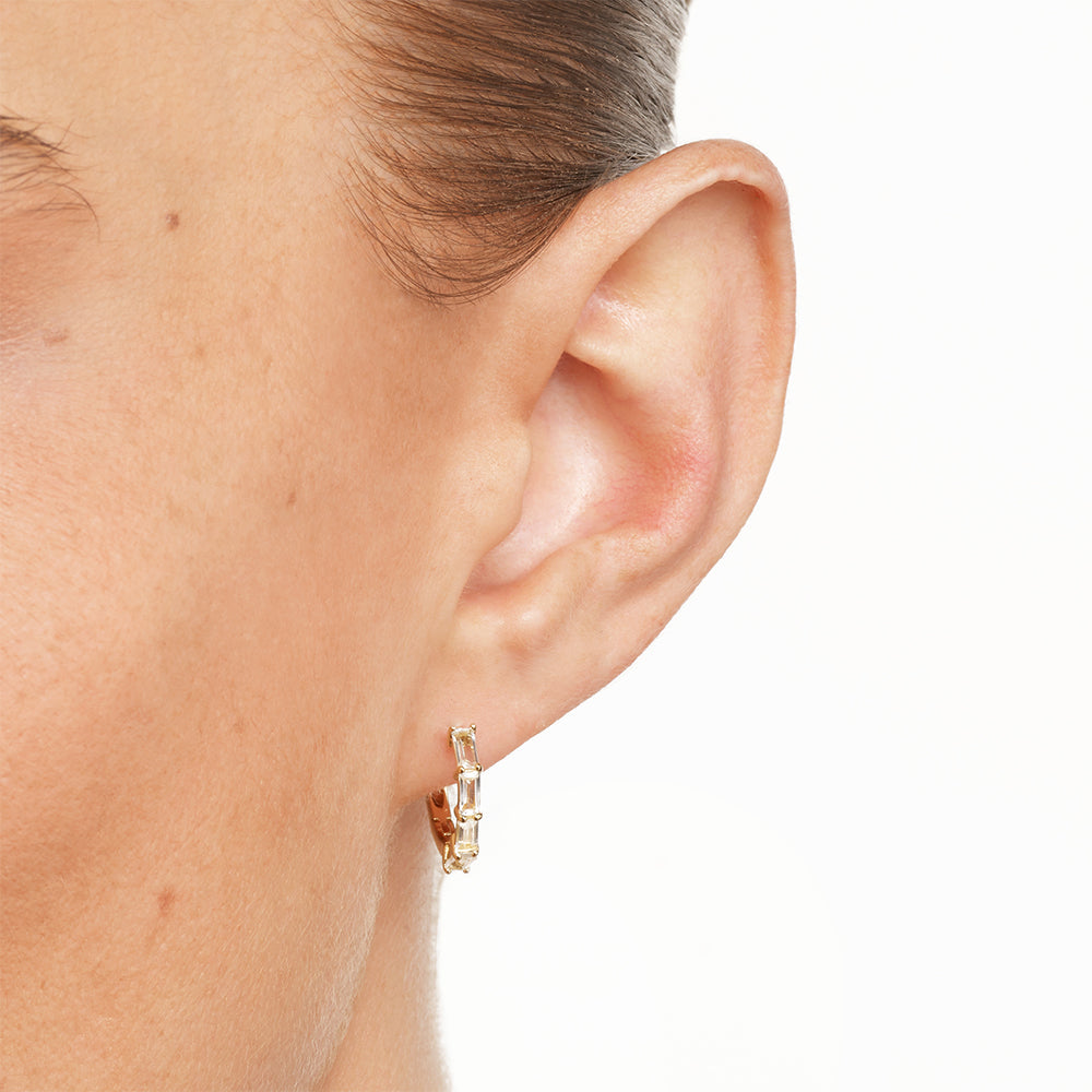 White Topaz Baguette Huggie Earrings in 14K Gold - Elegant Everyday Hoop Earrings for Women, Perfect for Work, Date Night & Special Occasions