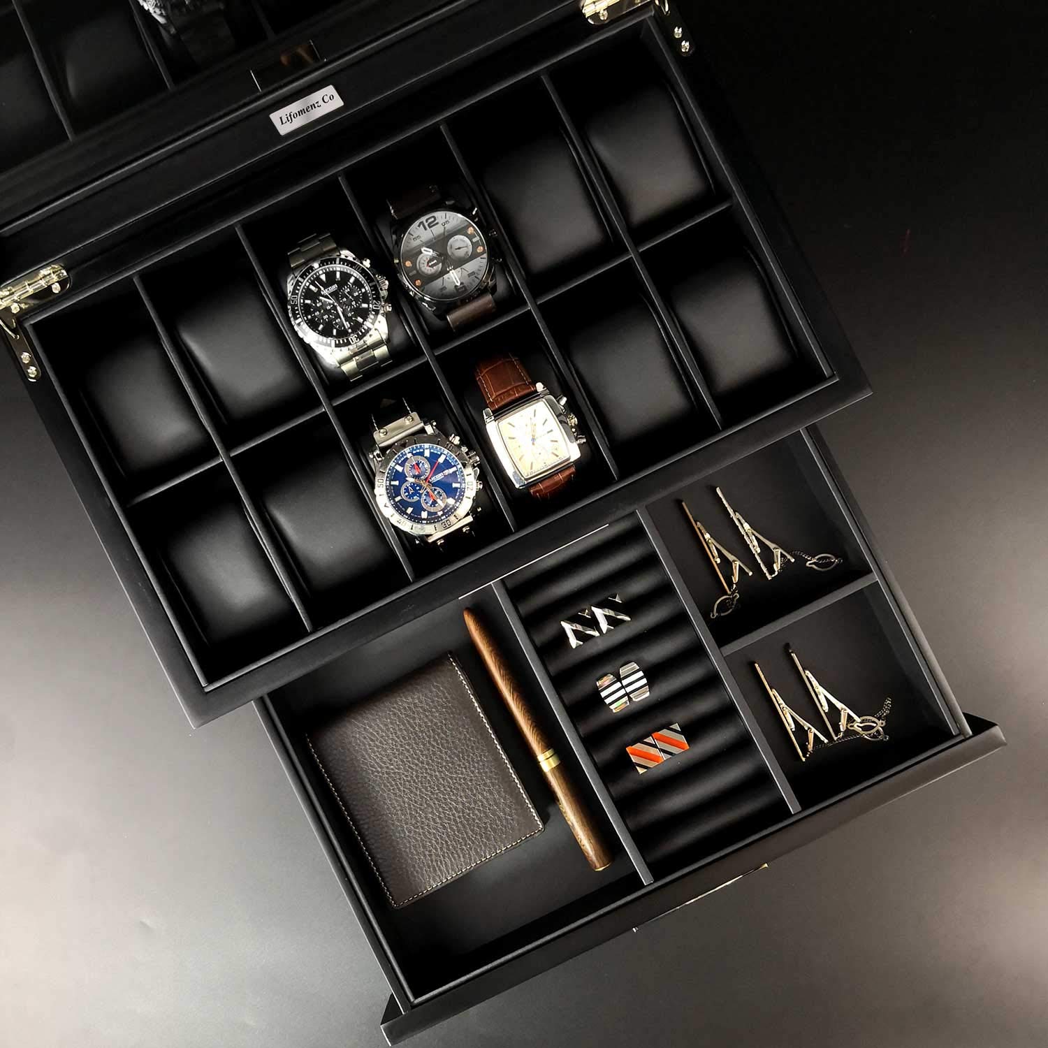 Premium Wooden Watch Box for Men - 12 Slot Watch Display Case with Valet Drawer & Glass Top - Luxury Watch Organizer for Jewelry & Accessories - Perfect for Home, Office & Travel Storage
