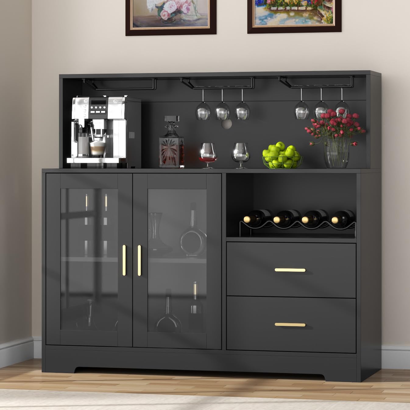 Modern LED Wine Bar Cabinet with Glass Rack & Storage Drawers - Kitchen Buffet Sideboard for Liquor, Coffee & Dining Essentials - Perfect for Living Room, Dining Room & Home Entertainment (Black)