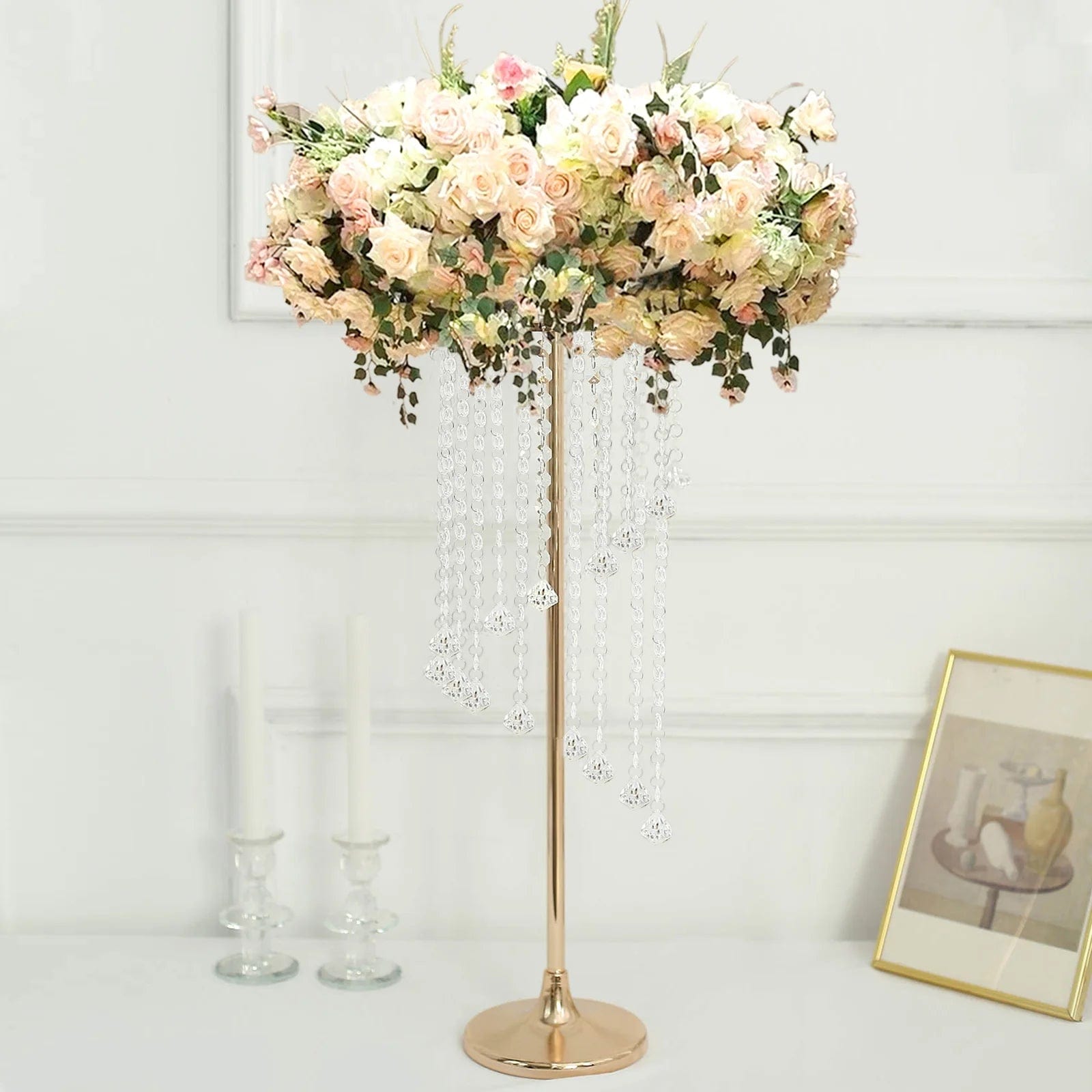 2 Pack Metal Flower Display Stands with Spiral Hanging Crystal Beads - Gold & Clear Wedding Centerpiece Decor for Table, Party, Home Decor