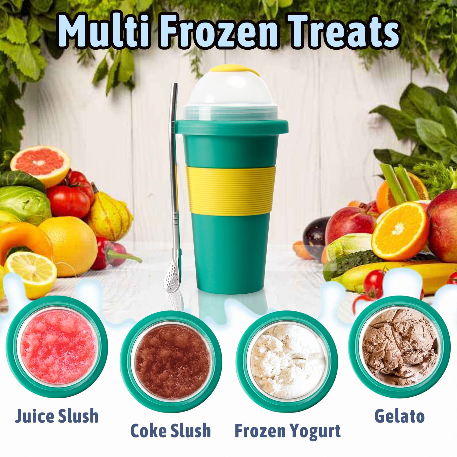 10 oz Green Slushy Maker Cup - Compact Stainless Steel Ice Cream Maker for Single-Serving Slushies, Smoothies & Milkshakes with Spoon Straw | Perfect for Summer Parties, Kids Treats & DIY Frozen Drinks at Home