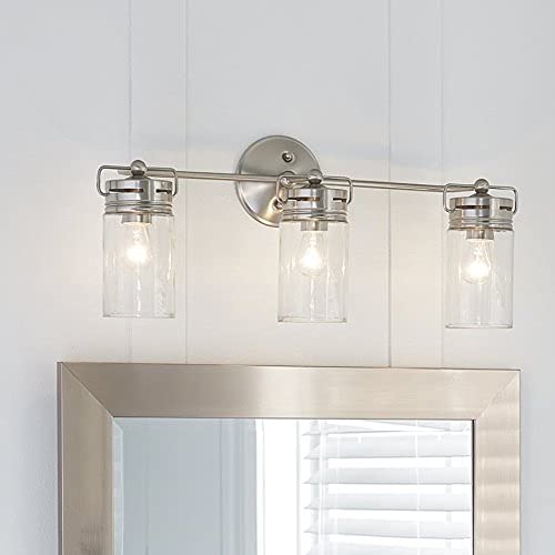 Allen + Roth 3-Light Vallymede Brushed Nickel Bathroom Vanity Light Fixture - Modern Bathroom Lighting for Vanity Mirror, Powder Room & Master Bath