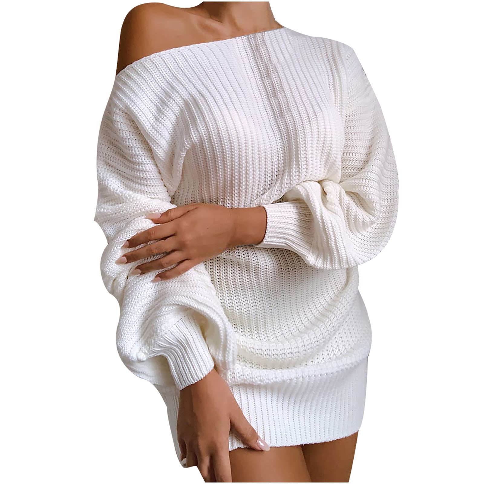 Women's Off Shoulder Batwing Long Sleeve Knit Sweater Dress - Loose Chunky Pullover Mini Dress in White | Casual Outfits, Date Night, Fall Winter Fashion