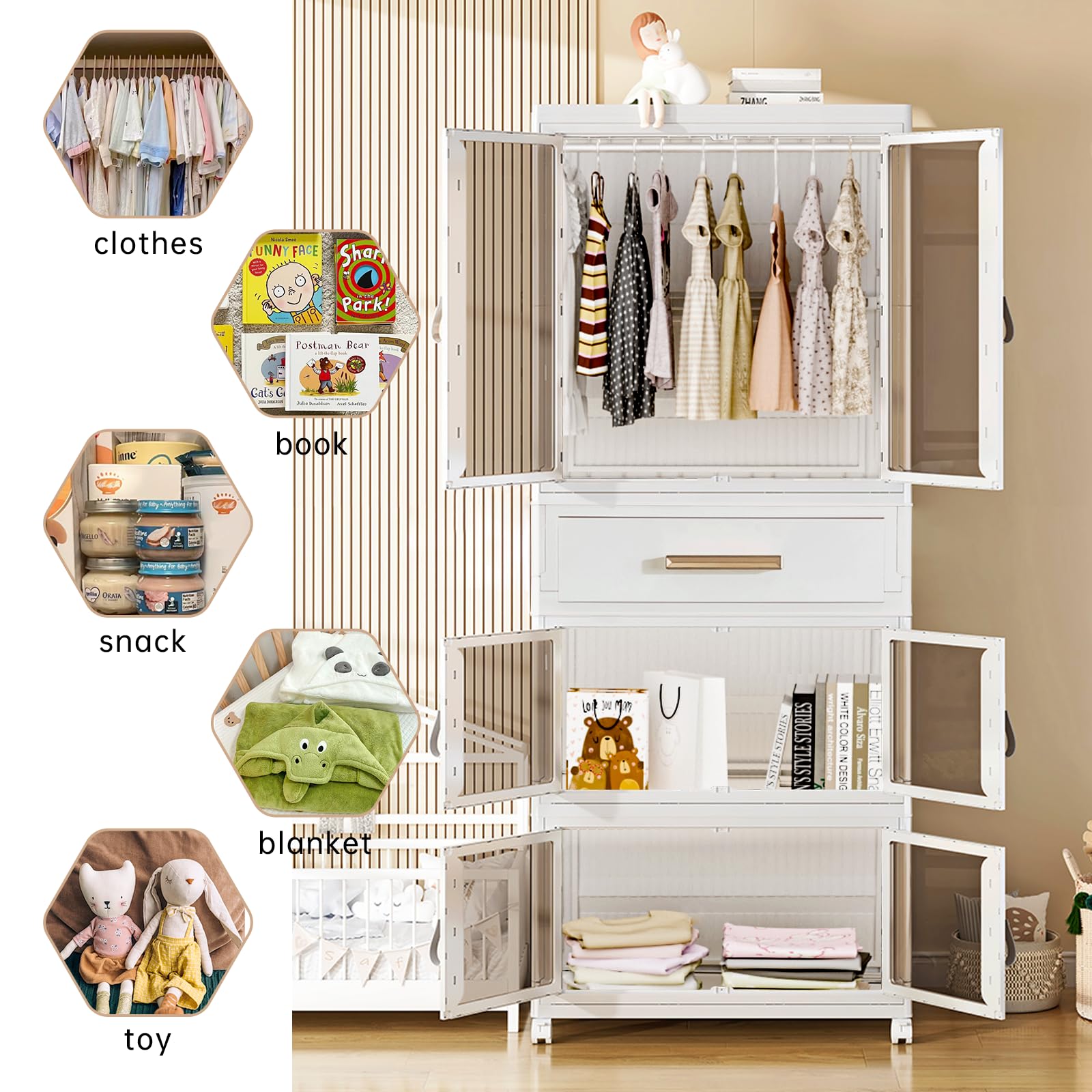Portable Kids Closet with Drawers & Doors - Large Collapsible Wardrobe for Children & Adults, Baby Clothes Storage Organizer, Dress Up Cabinet with Hanging Rod | Perfect for Nursery, Bedroom, Playroom & Costume Storage
