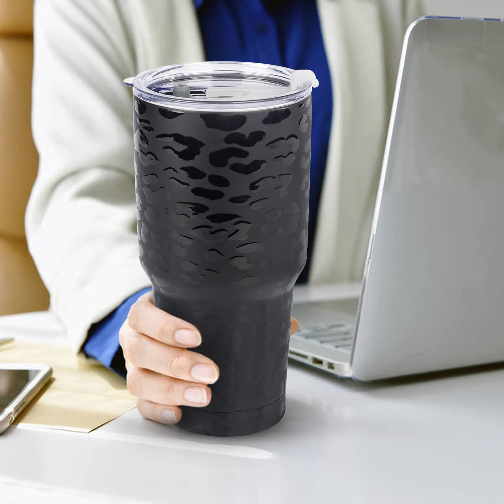 30oz Leopard Print Stainless Steel Tumbler with Straw & Cleaning Brush - Insulated Travel Mug for Hot & Cold Drinks - Perfect for Gym, Office, Hiking and Outdoor Activities