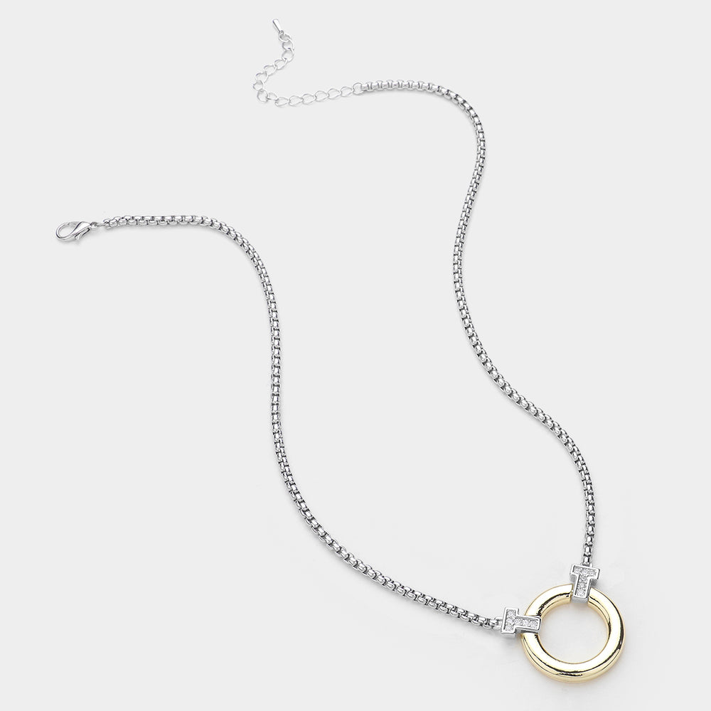 14K Gold Plated Two Tone CZ Stone Paved Pointed Circle Pendant Necklace for Women - Elegant Layering Jewelry Gift for Birthday, Anniversary & Valentine's Day