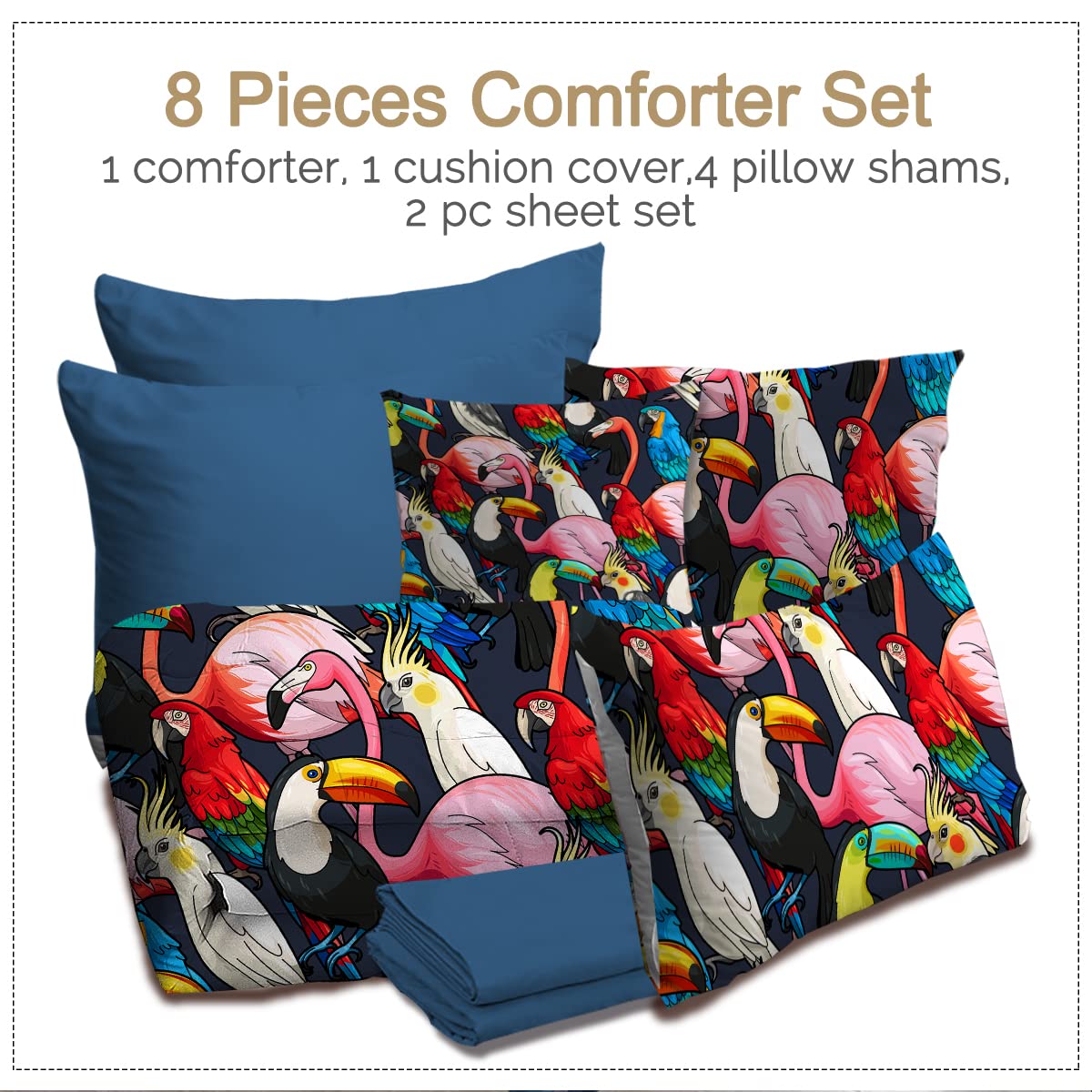 BlessLiving 8-Piece Tropical Bird Comforter Set - Exotic Wildlife Queen Size Bedding with Comforter, Sheets, Pillowcases, Shams & Cushion Cover - Perfect for Jungle Themed Bedrooms & Wildlife Lovers