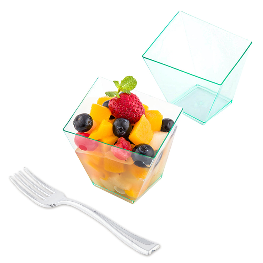 100-Pack 6 oz Square Seagreen Plastic Girata Dishes with 100 Silver Mini Forks - Perfect for Party Appetizers, Wedding Receptions & Catering Events