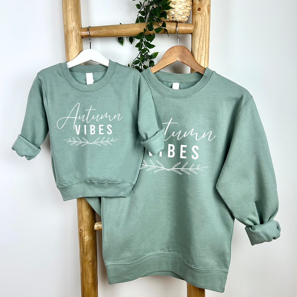 Autumn Vibes Mom & Daughter Matching Dusty Green Sweatshirts | Cozy Fall Family Outfits for Pumpkin Patch & Thanksgiving