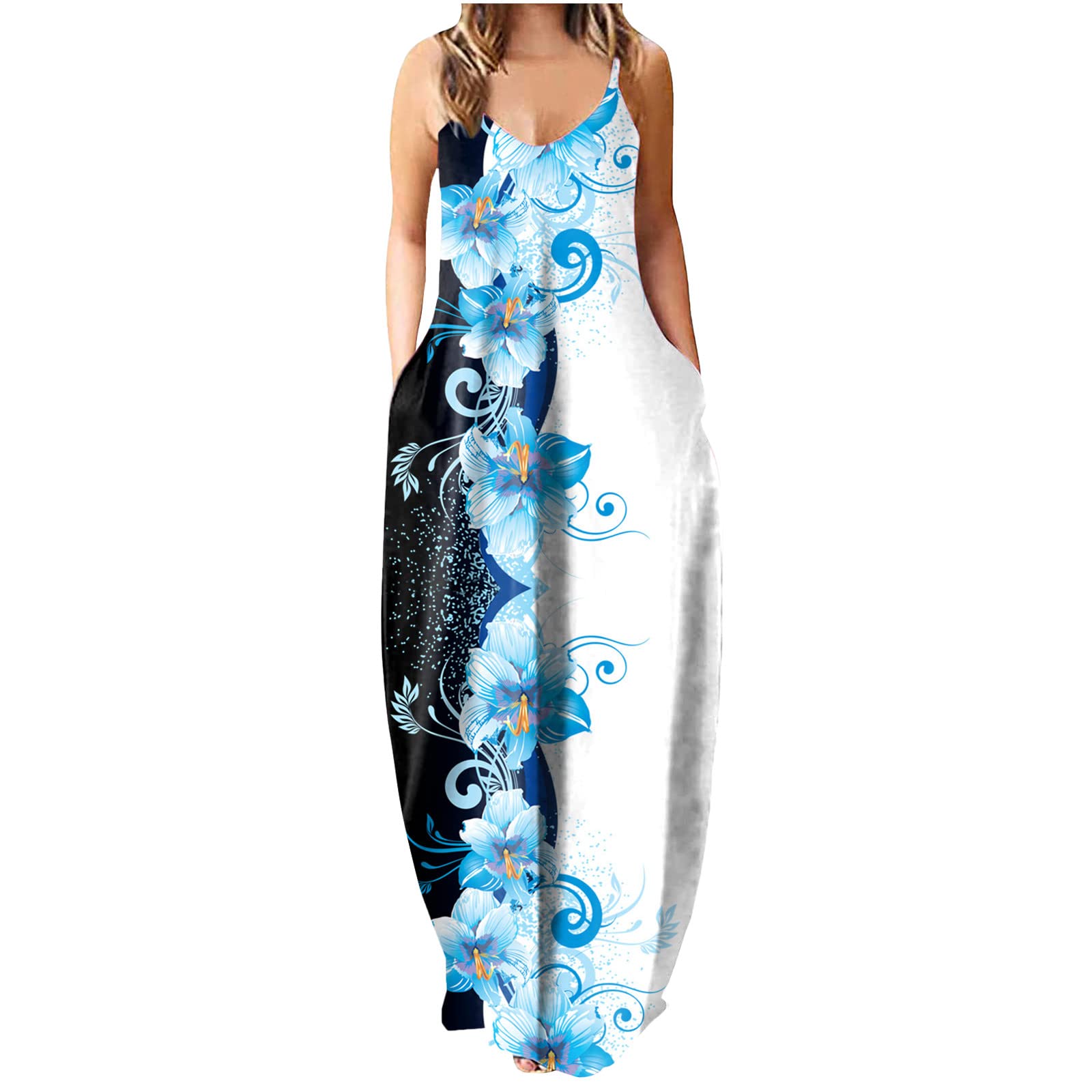 **Plus Size Maxi Dress for Women - Sexy Sleeveless Spaghetti Strap V-Neck Boho Long Dress with Pockets | Casual Summer Beach Wedding Party Outfit**