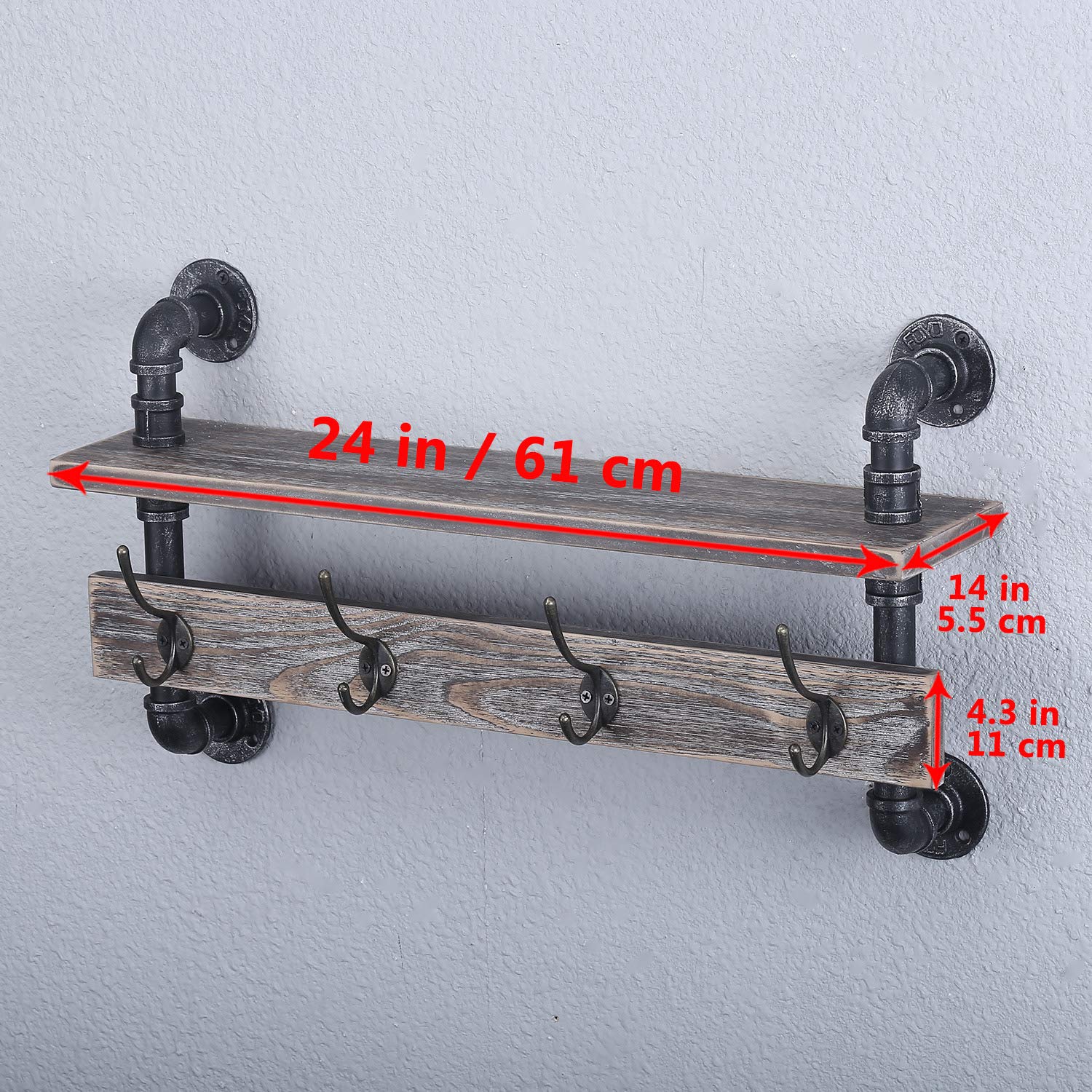 MBQQ Industrial Pipe Wall Coat Rack - 24 Inch Real Wood Shelf with 4 Metal Hooks - Rustic Entryway Organizer for Hallway, Bathroom, Living Room & Bedroom - Perfect for Hanging Coats, Hats, Towels & Decor