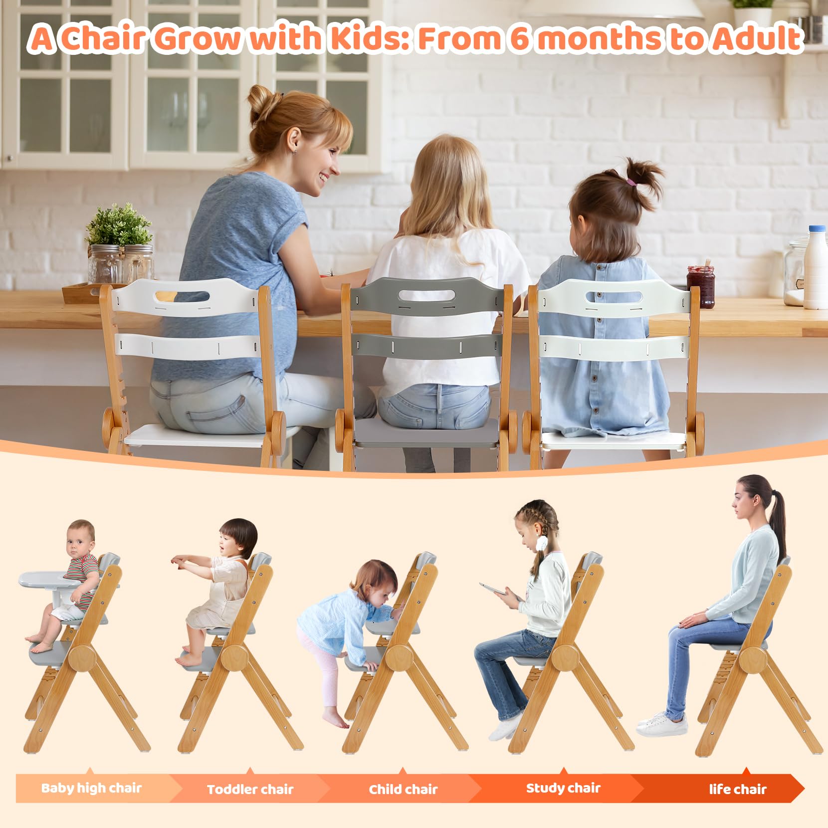 Ezebaby Adjustable Wooden High Chair for Babies & Toddlers - Foldable, Grow with Your Child Design, 3-Position Seat & Footrest, Removable Cushion & Double-Layer Tray (Grey) - Perfect for Dining, Feeding & Playtime at Home or Restaurant