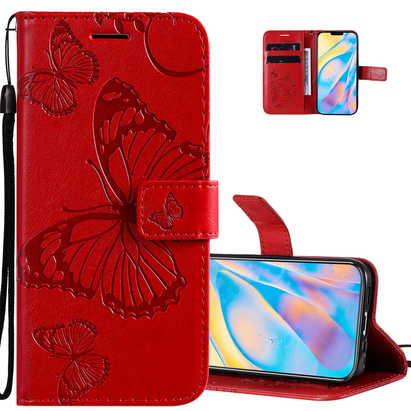 Premium PU Leather Wallet Case for iPhone 12 Pro Max - Embossed Butterfly Design with Credit Card Holder & Kickstand | Flip Folio Cover | Perfect for Business, Travel & Everyday Use (Red)