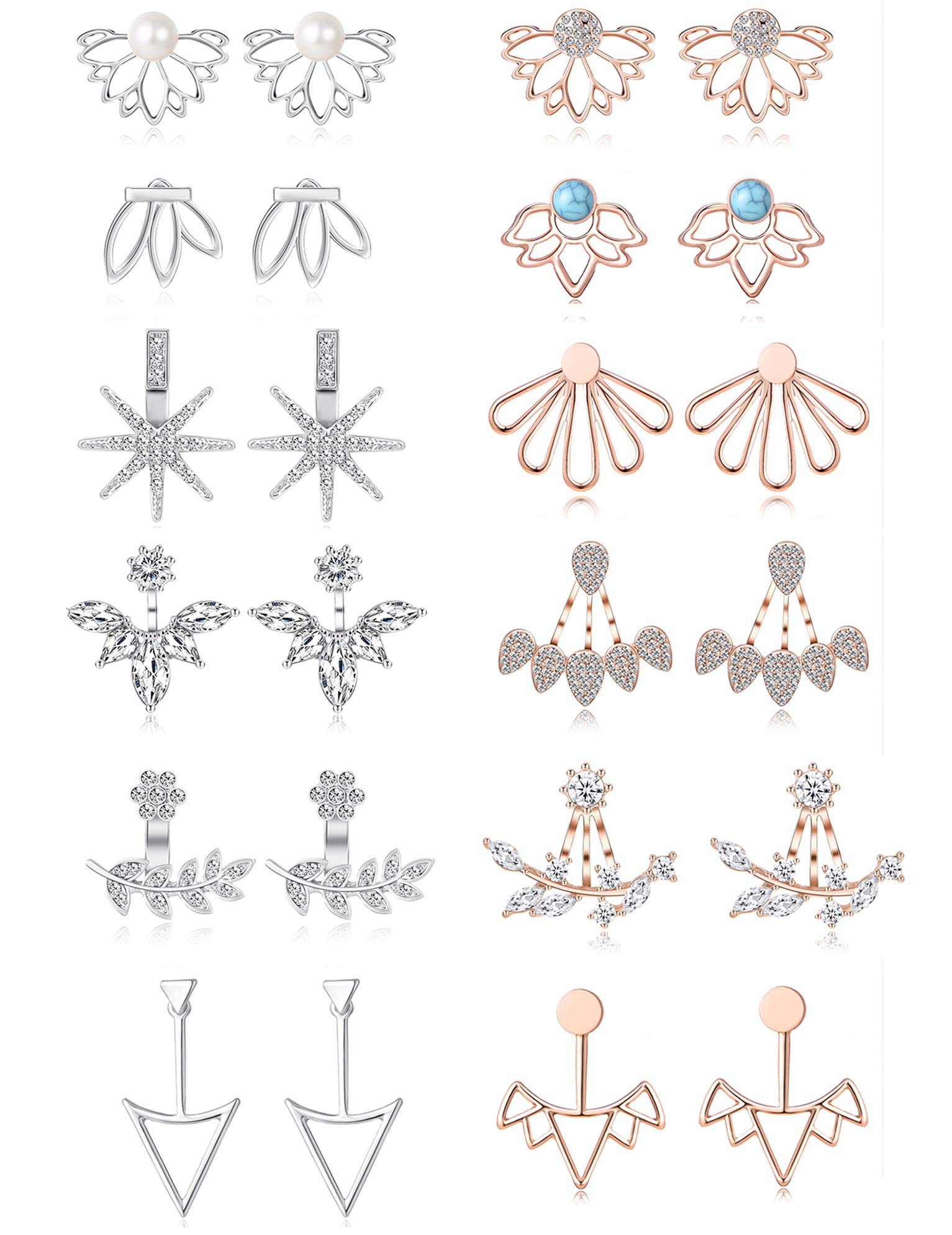 6-12 Pairs Lotus Flower Stud Earrings with CZ Stones for Women - Silver & Rose Gold Tone Jewelry Set for Daily Wear, Parties & Gifts