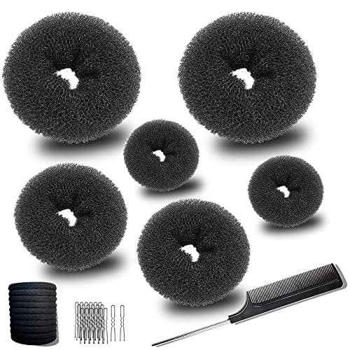 MeetFavorite Hair Bun Maker Set - 6 Pcs Donut Bun Shapers (2 Large, 2 Medium, 2 Small) with 10 Hair Elastic Bands & Hair Pins - Perfect for Updos, Ballet, Wedding & Everyday Hairstyles (Black)