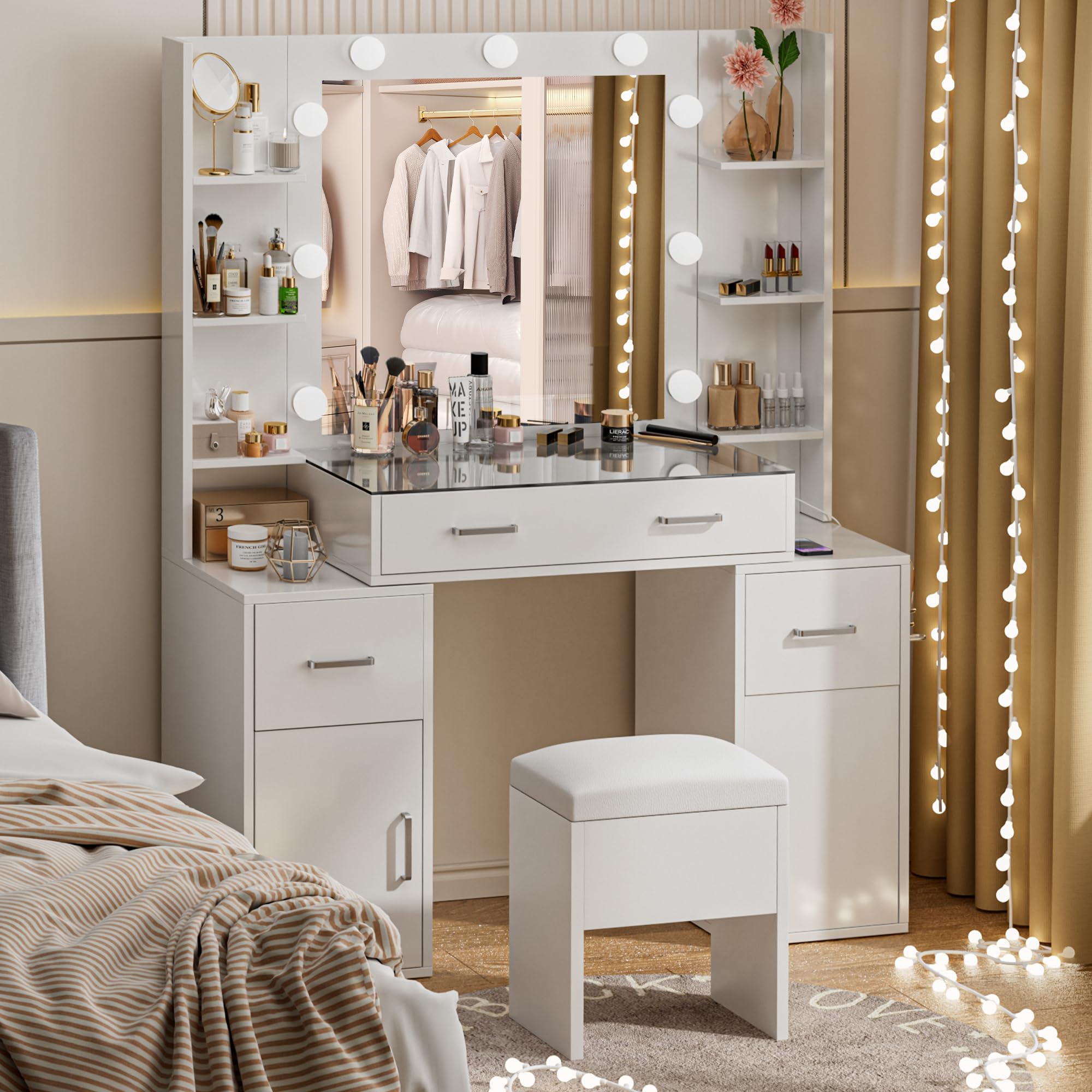 LED Makeup Vanity Desk with Glass Top & Charging Station - 9 Adjustable Lights, 3 Lighting Modes, Storage Bench - Perfect for Bedroom Dressing Table, Beauty Salon & Home Decor (White)