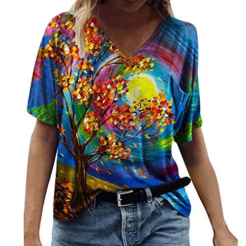 FMCHICO Women's Summer Short Sleeve V-Neck Floral Printed Tunic Top - Casual Comfortable Blouse for Beach, Travel & Everyday Wear