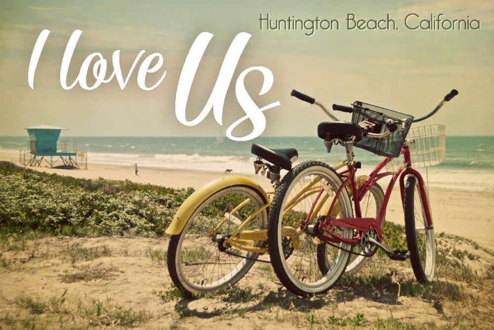 California Huntington Beach Bicycles & Beach Scene Metal Wall Art - 16x24 Gallery Quality Aluminum Decor for Living Room, Bedroom, or Office
