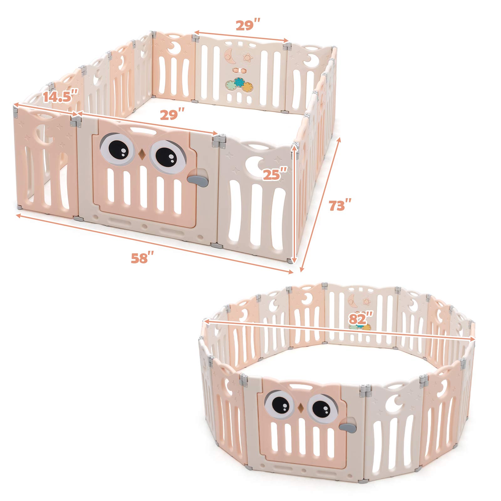 HONEY JOY 16-Panel Baby Playpen with Anti-Slip Base & Lockable Door - Owl Design Play Yard for Toddlers, Indoor Safety Play Area for Boys & Girls (Pink) - Perfect for Home, Nursery, Daycare & Playtime Safety