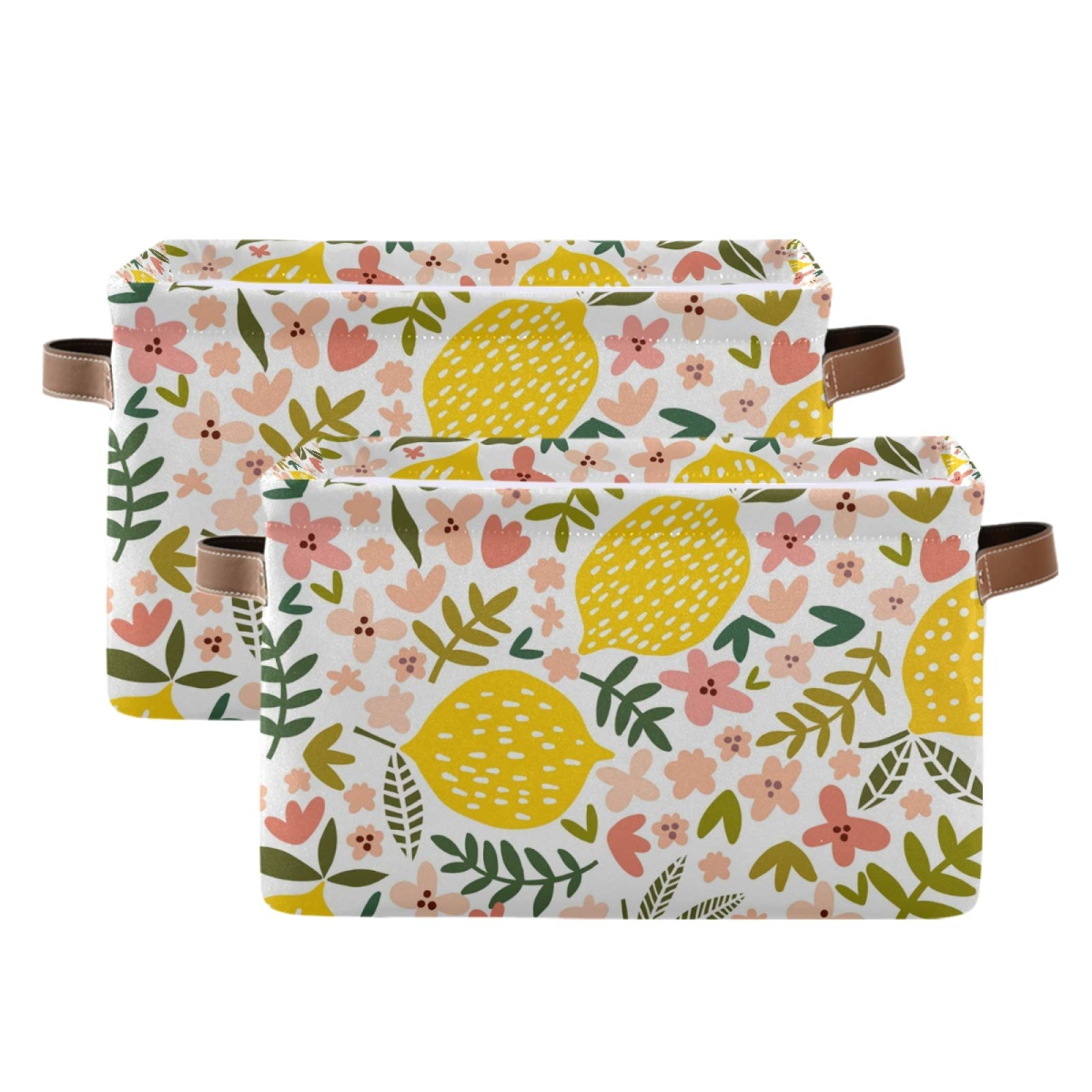 Susiyo Large Foldable Storage Bin - Beautiful Floral Lemon Fabric Collapsible Decorative Basket with PU Handles (2-Pack) | Perfect for Home Organization, Closet Storage, Bedroom & Living Room Shelves