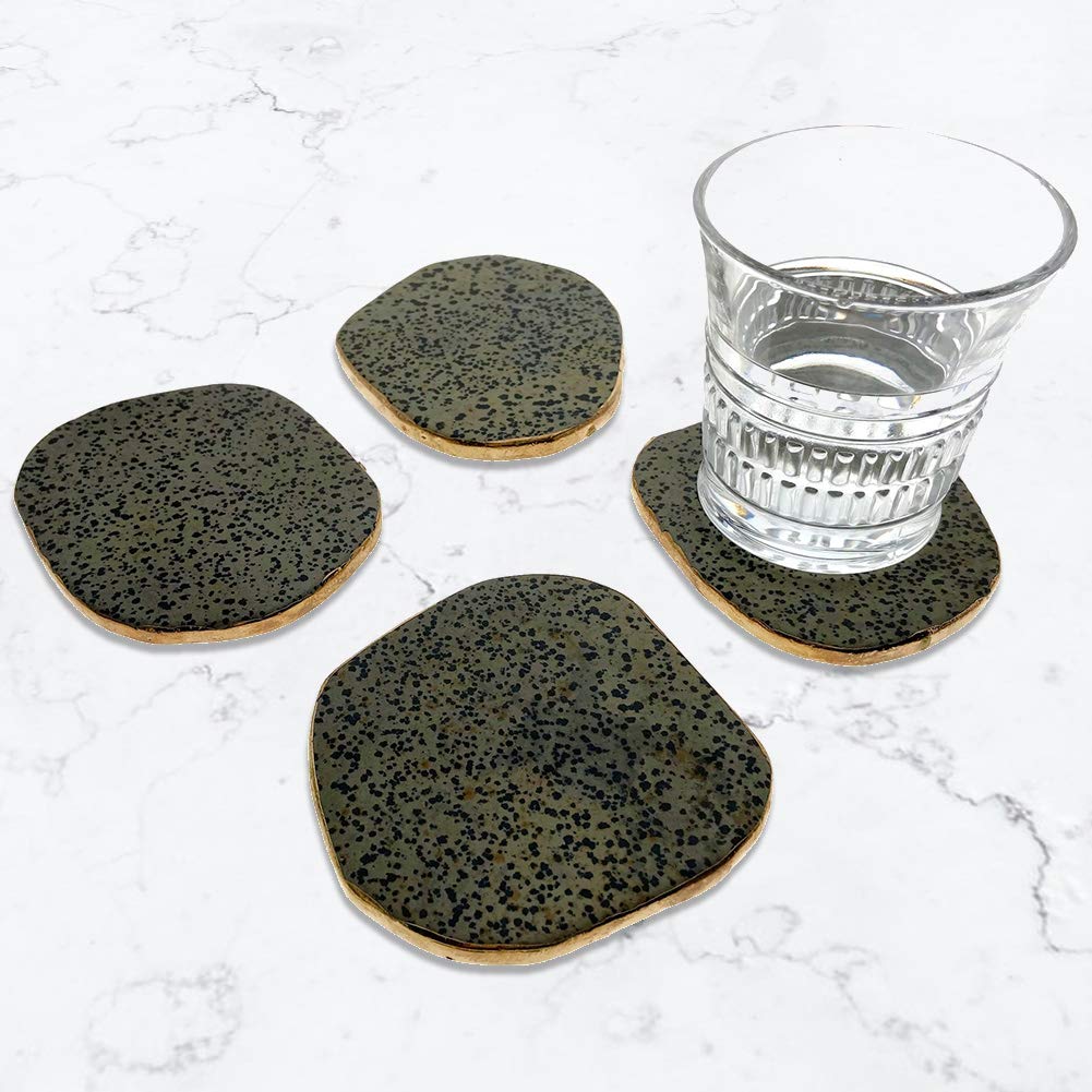 Natural Dalmatian Jasper Stone Coasters Set of 4 with Gold Accents - Perfect for Home Decor, Coffee Tables, and Gift Giving