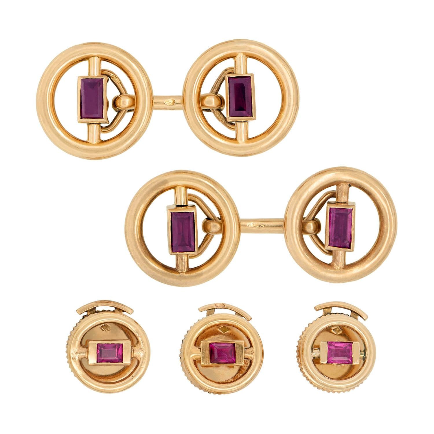 VAN CLEEF & ARPELS Vintage 18k Gold Ruby Cufflinks & Buttons Set - Luxury Men's Jewelry for Weddings, Business & Formal Events