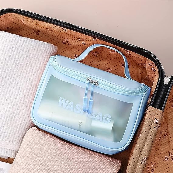 Women's Travel Makeup Bag with Hook - Waterproof Cosmetic Organizer Pouch for Toiletries & Grooming Essentials - Perfect for Vacation, Gym, and Daily Use (Blue)