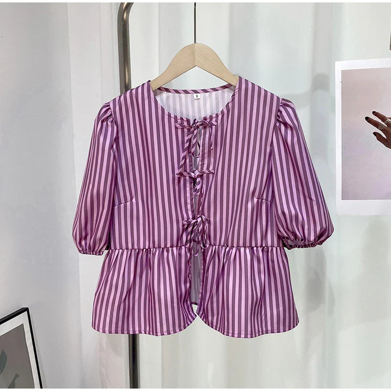 Women's Fashion Print Bow Lace-Up Blouse - Loose V-Neck Short Puff Sleeve Top for Spring & Summer | Casual Floral Shirt for Ladies | Perfect for Office Wear, Date Nights & Weekend Outings
