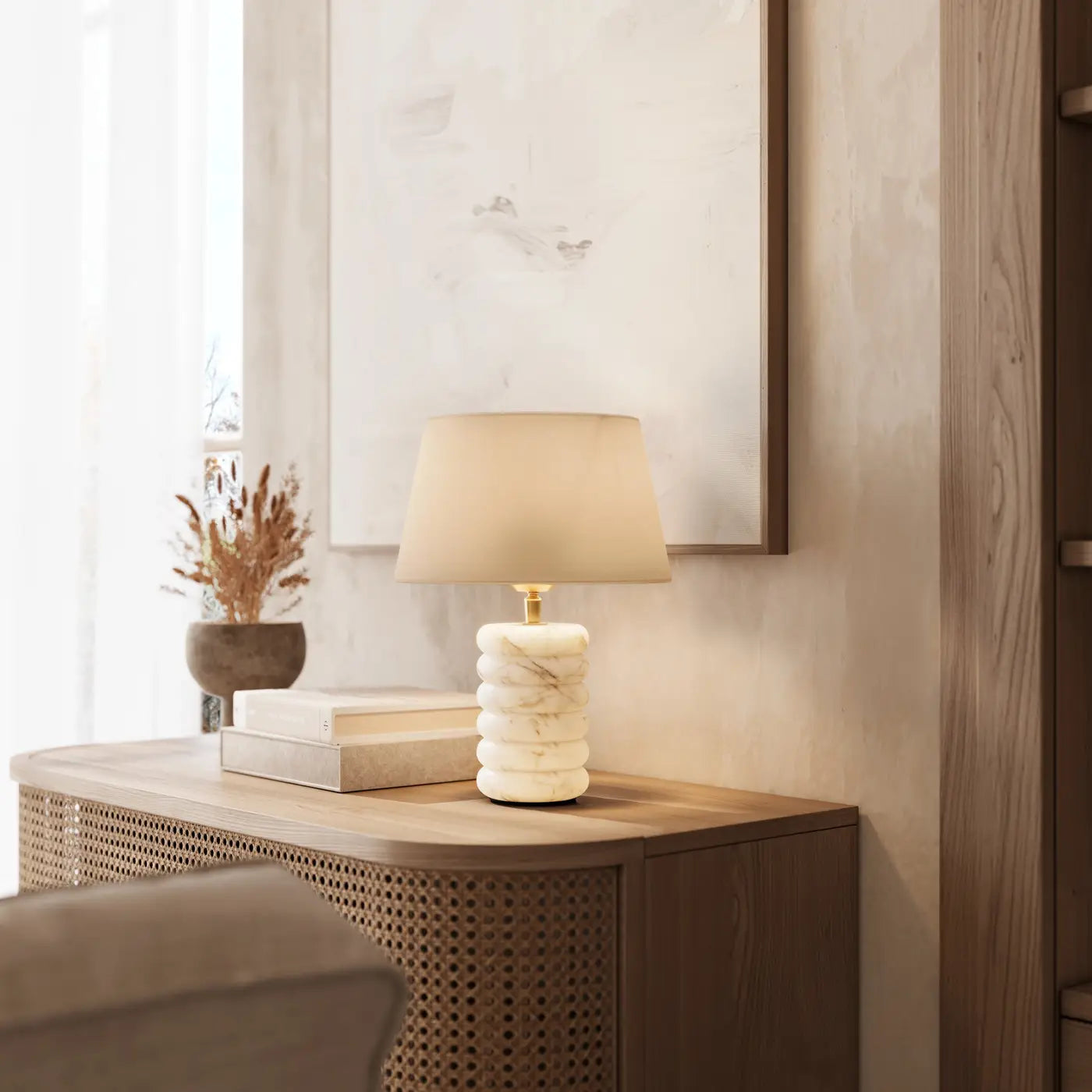Alabaster Dual Lit Table Lamp - Modern Nightstand & Bedside Lighting for Bedroom, Living Room, Office - Soft Glow for Reading & Relaxation