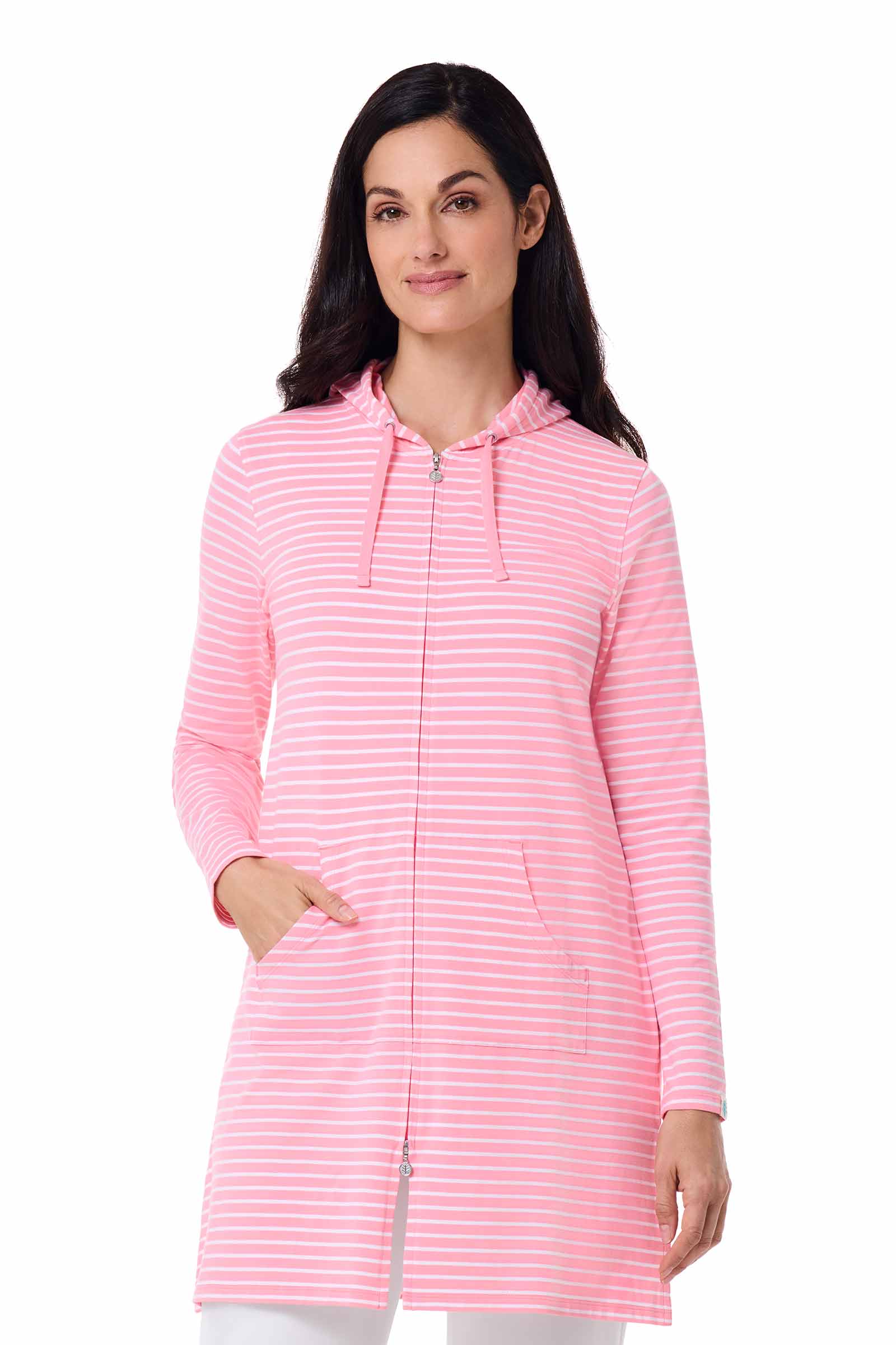 Women's Flamingo Pink & White Striped Cabana Hoodie - Lightweight Summer Pullover for Beach, Pool & Casual Wear