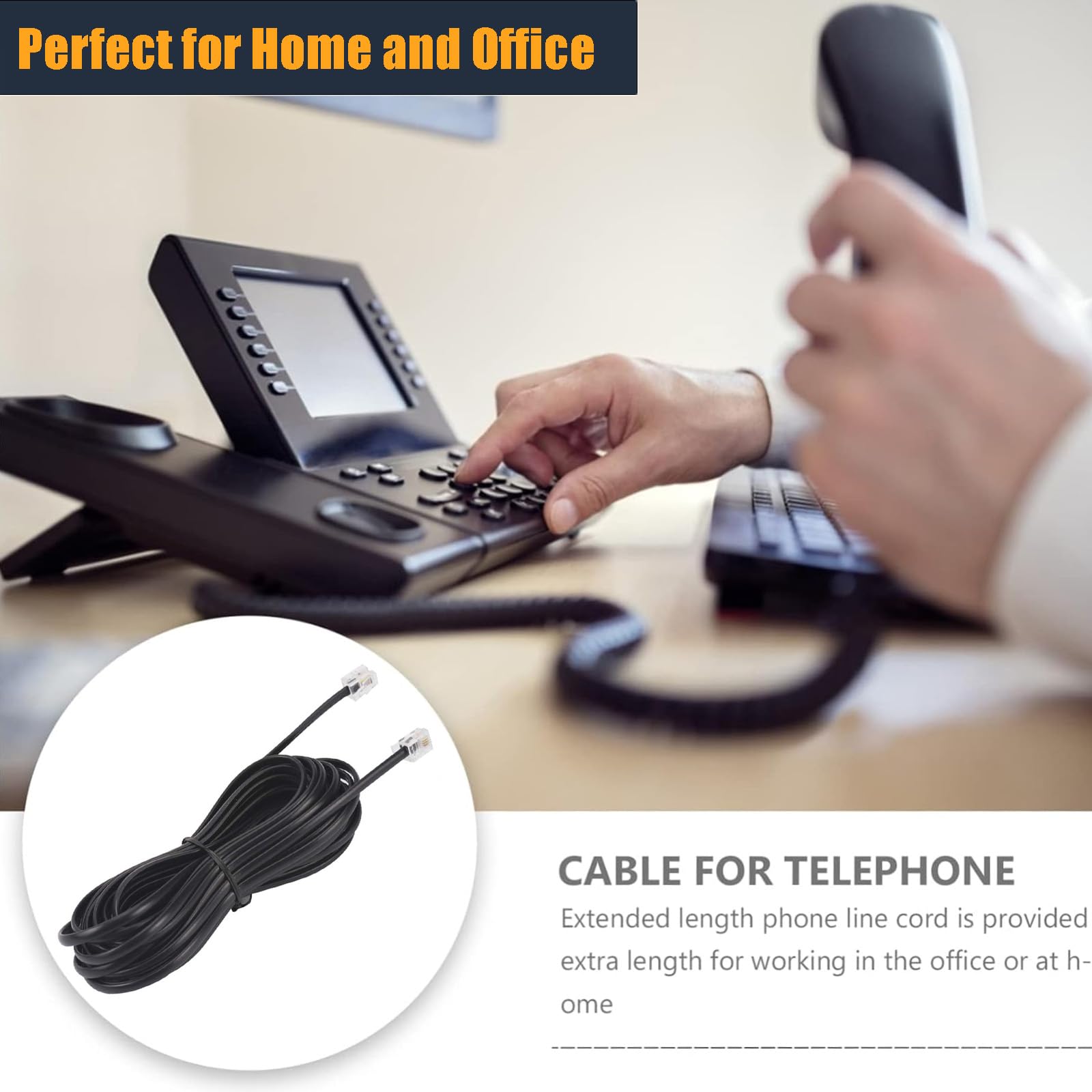 25FT Telephone Extension Cord Cable with RJ11 6P4C Plugs - 2 Pack Black Landline Phone Line Wire Includes Cable Clips - Perfect for Home Office, Business Phones & Fax Machines