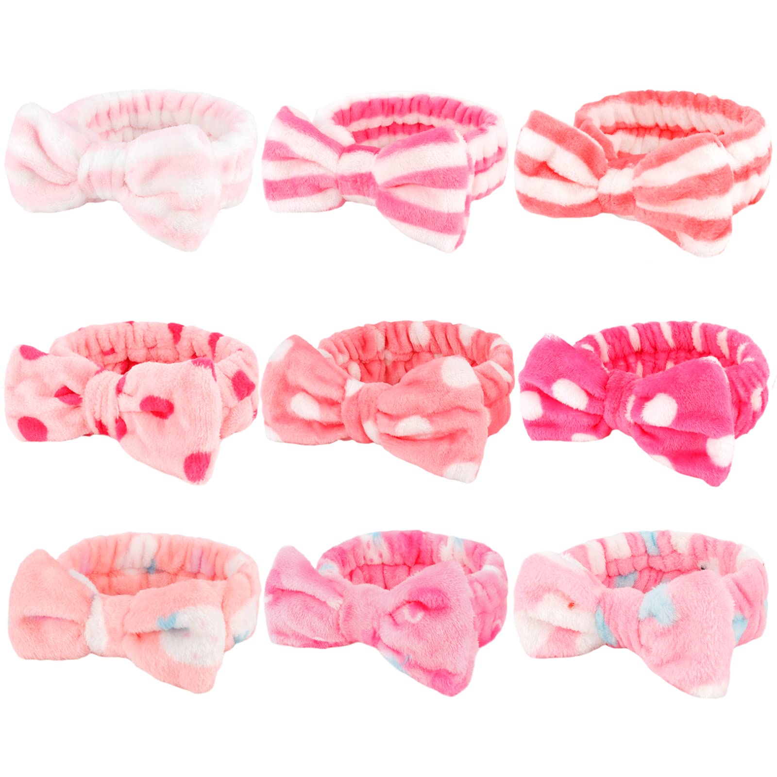 WHAVEL 9 Pack Pink Microfiber Hairband for Washing Face & Skincare - Soft Makeup Headbands with Cute Bow for Women - Perfect for Spa, Bath, Beauty Routine & Nighttime Skincare