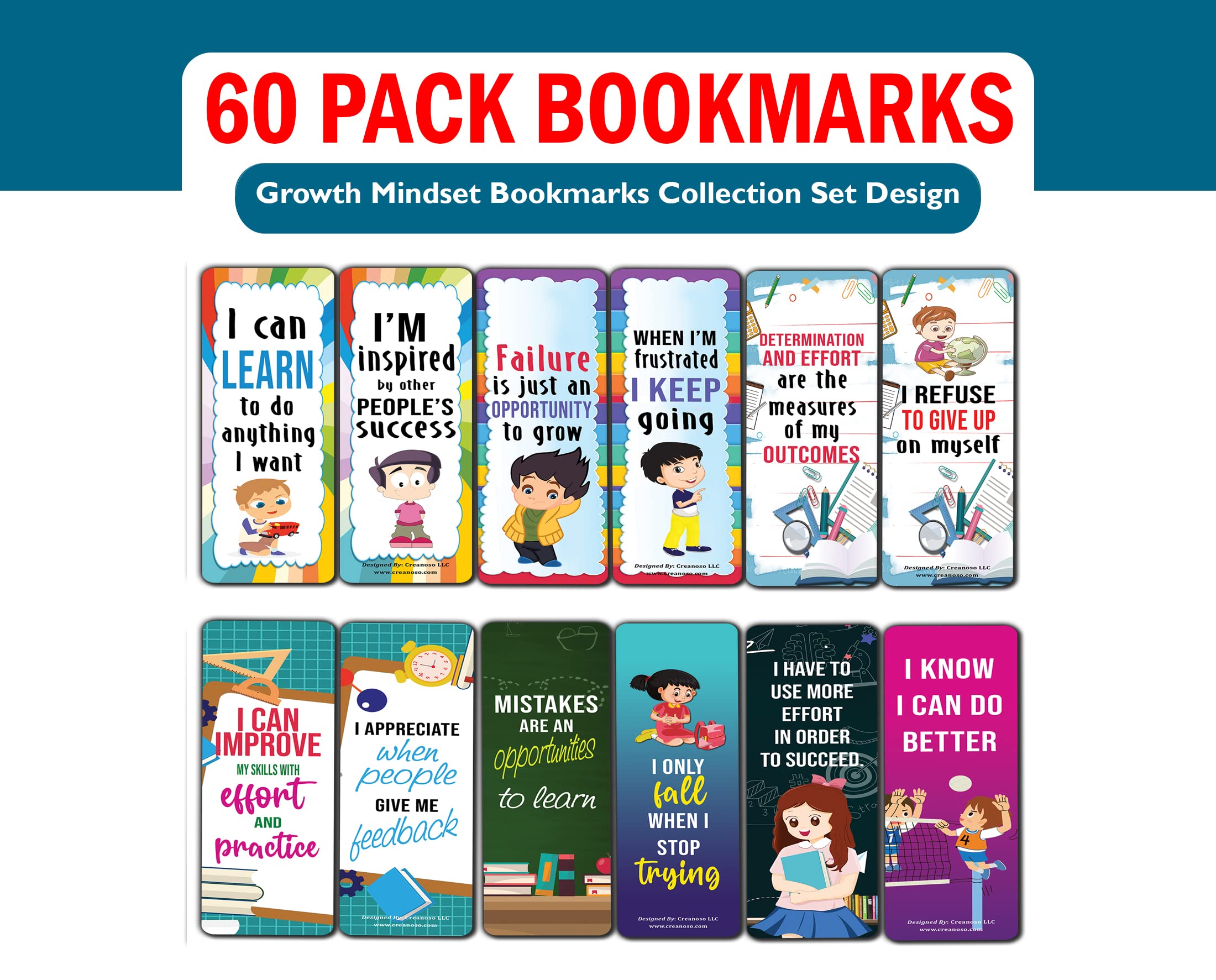 Growth Mindset Bookmarks for Kids & Teens – 10 Sets of 6 Inspirational Cards – Motivational Book Page Clippers – Perfect Gifts for Students, Readers & Book Lovers – Ideal for Classroom Rewards, Reading Incentives & Study Motivation