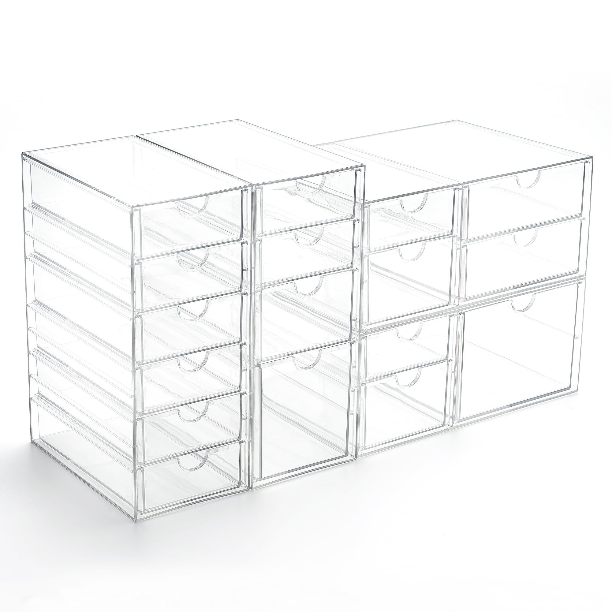 17-Drawer Acrylic Stackable Storage Organizer Set of 4 - Clear Desk Drawers for Makeup, Jewelry, Art Supplies & Office Accessories - Perfect for Vanity Countertop, Craft Room & Home Organization