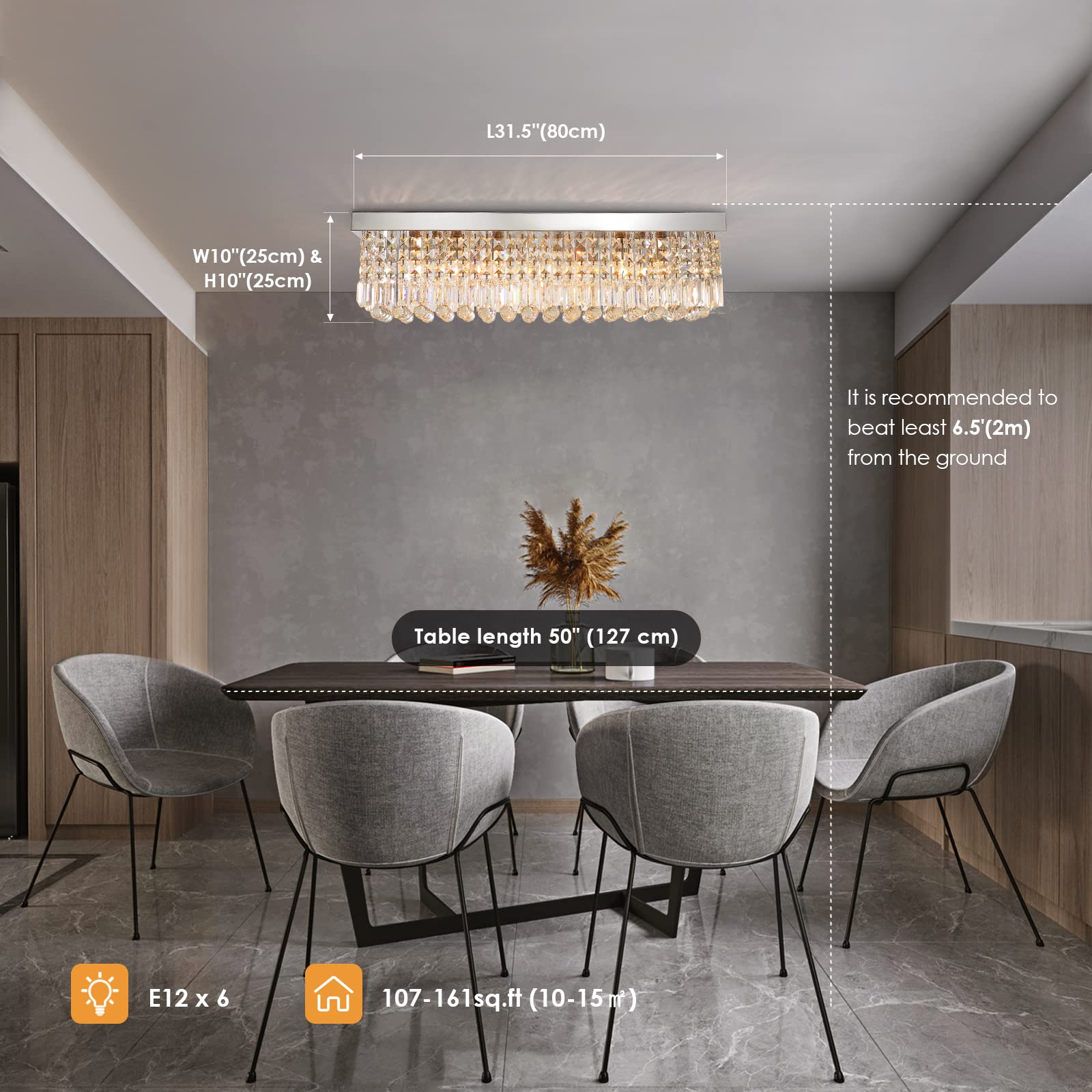 Siljoy Modern 6-Light Rectangular Crystal Chandelier - K9 Crystal Raindrop Flush Mount Ceiling Light Fixture (31.5