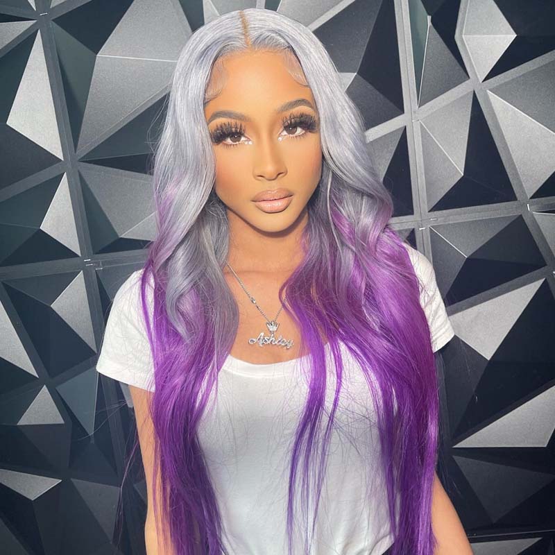 Eullair Ombre Grey Purple Straight Human Hair Wig - Pre Plucked 13x4 Transparent Lace Frontal Wig for Women | Natural Look for Daily Wear, Cosplay & Special Occasions