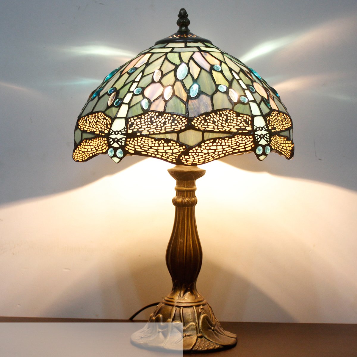 Tiffany Style Table Lamp 12x18 Inch with LED Bulb - Sea Blue Stained Glass Dragonfly Shade & Antique Base - Desk Lamp for Reading, Living Room, Bedroom, Study or Bar - Perfect Home Decor and Gift Idea for Art Lovers