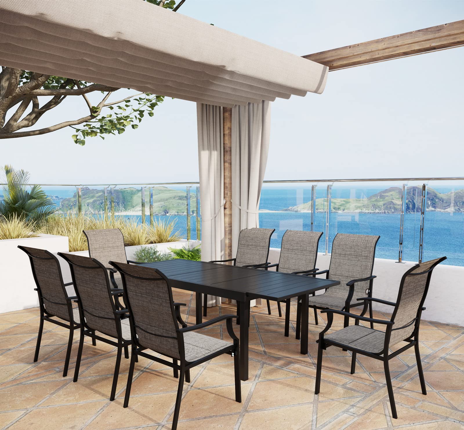 MFSTUDIO 9-Piece Outdoor Dining Set - Expandable Black Metal Patio Table with 8 Comfortable Textilene Fabric Chairs - Perfect for Backyard, Garden, Poolside or Terrace Gatherings