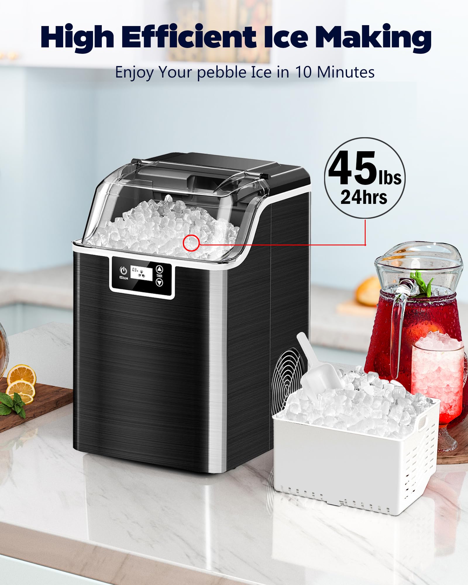 Kndko Countertop Nugget Ice Maker - 45lbs/Day Crushed Ice Machine with 24H Timer & Self-Cleaning | Stainless Steel Black | Perfect for Home Bars, Parties, and Office Break Rooms