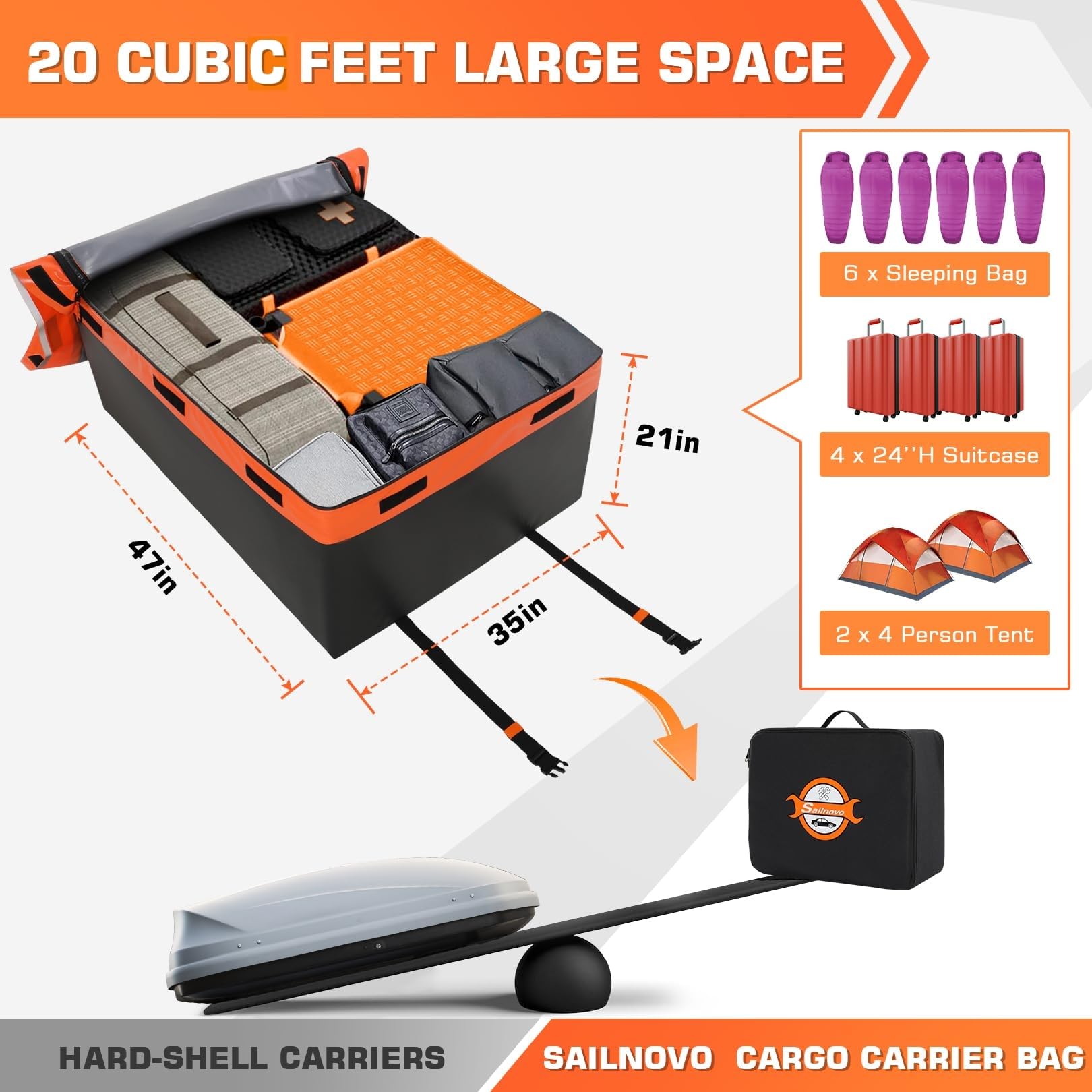 Sailnovo 20 Cubic Feet Waterproof Rooftop Cargo Carrier Bag - Heavy-Duty PVC Soft-Shell Luggage Storage with Slip Mat & 6 Door Hooks - Fits All Vehicles With/Without Roof Rack - Perfect for Road Trips, Camping & Outdoor Adventures