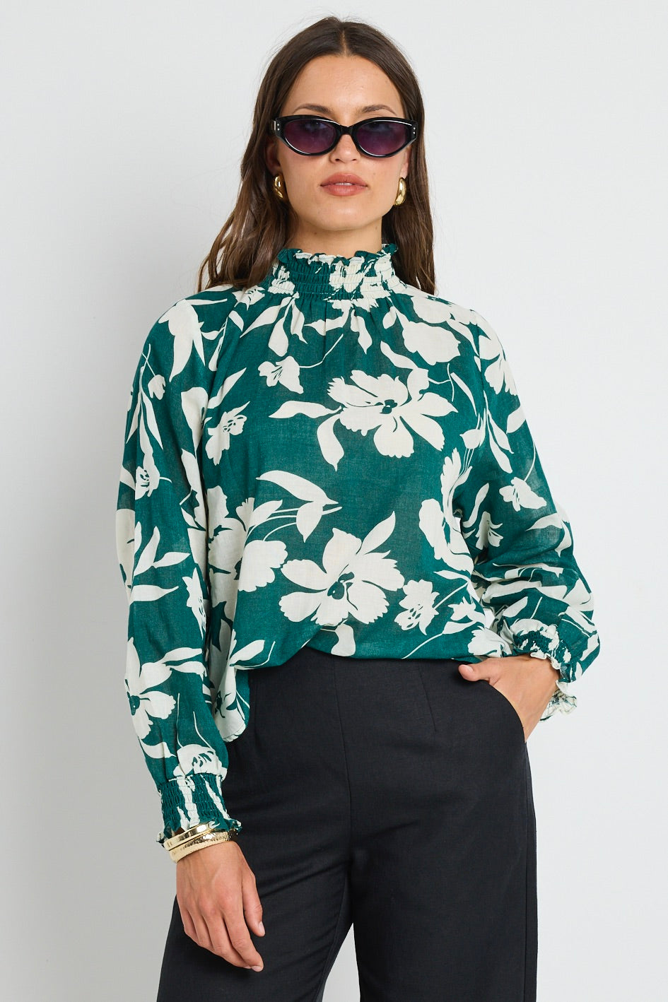 Affection Forest Floral Print Shirred High Neck Long Sleeve Blouse for Women | Elegant Spring Summer Tops | Perfect for Dating, Office & Casual Outings