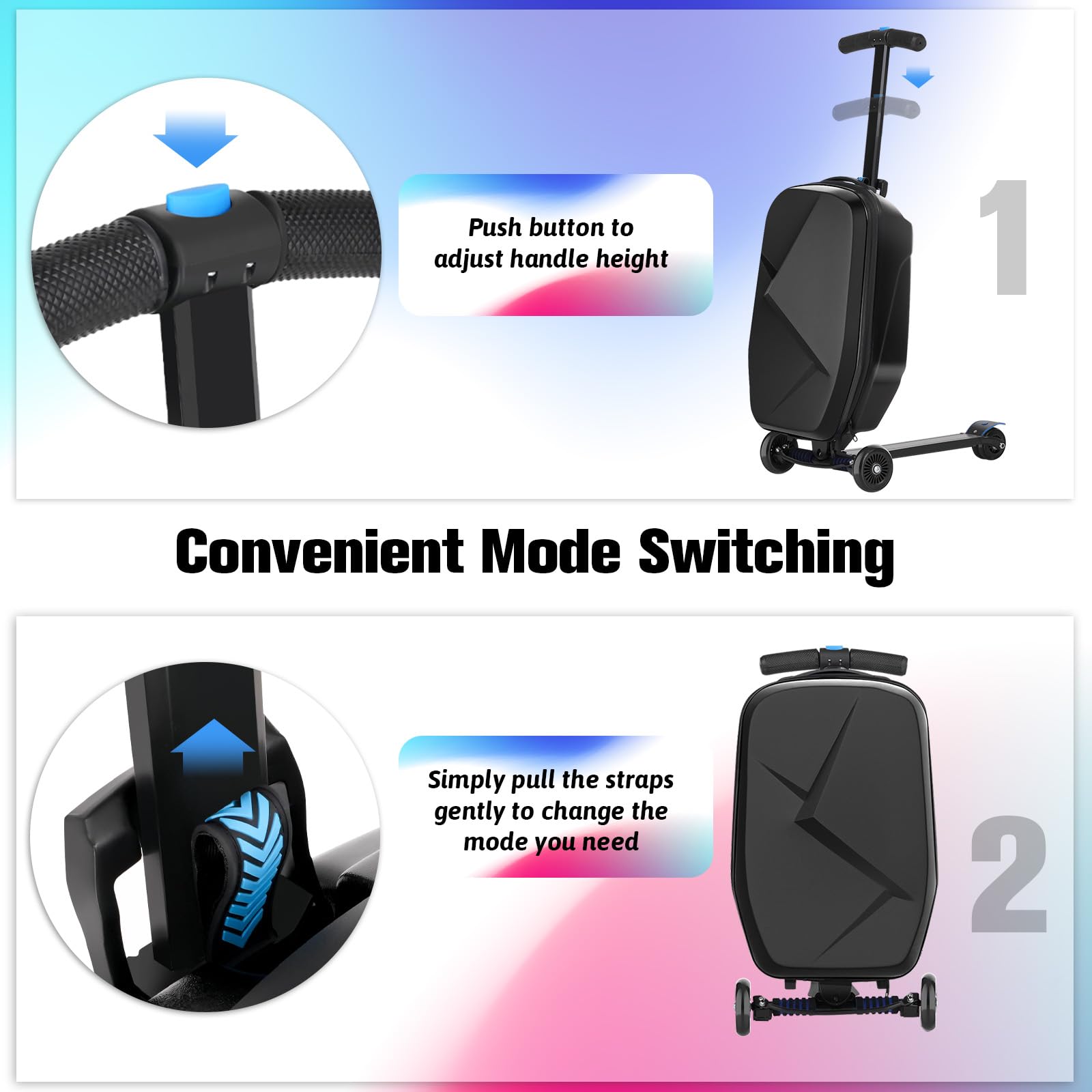 Kids & Adults Ride-On Scooter Luggage - Lightweight Foldable Hardside Carry-On Suitcase with Wheels for Ages 4-15, Multifunctional Travel Suitcase for Children & Teenagers (Charcoal Black) - Perfect for Airports, Family Vacations & School Trips