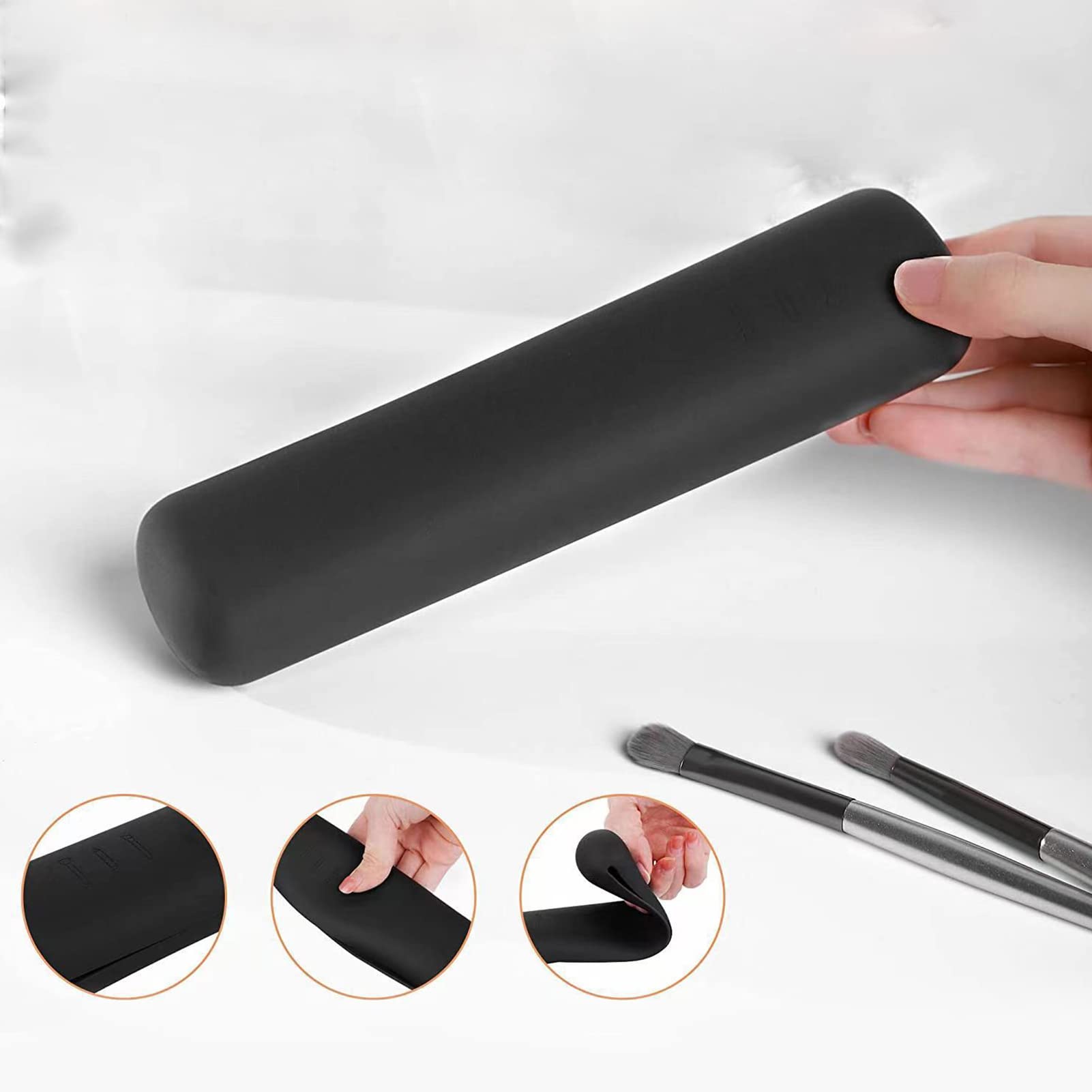 Premium Travel Silicone Makeup Brush Holder - Soft Waterproof Cosmetic Organizer Bag for Women, Portable Makeup Brush Case with Storage Pockets (Black) | Perfect for Travel, Home Use & Professional Makeup Artists