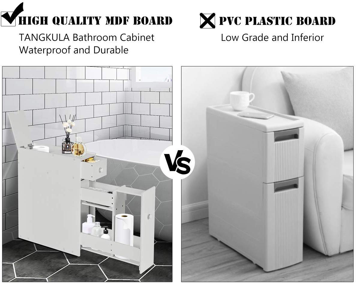 FANTASK Slim Bathroom Storage Cabinet - Narrow Floor Organizer with 2 Slide-Out Drawers & Toilet Paper Holder - White - Perfect for Small Bathrooms, Living Rooms & Tight Spaces