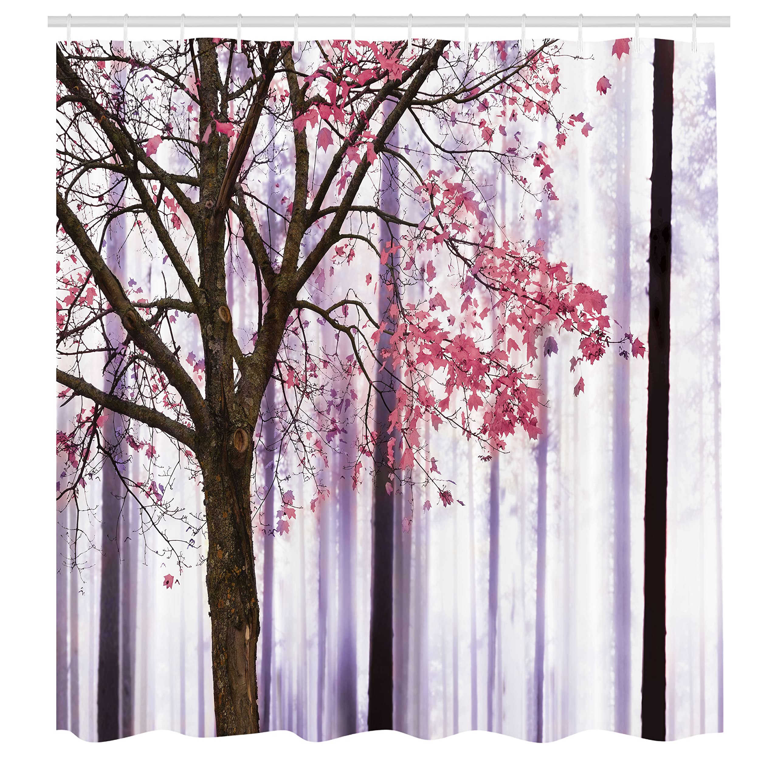 Ambesonne Autumn Shower Curtain - Lonely Tree Leaves Abstract Woodland Print, 69x84 Inch Waterproof Fabric Bathroom Decor with Hooks, Lilac Pink | Perfect for Fall Bathroom Makeover, Seasonal Home Decor & Cozy Autumn Atmosphere