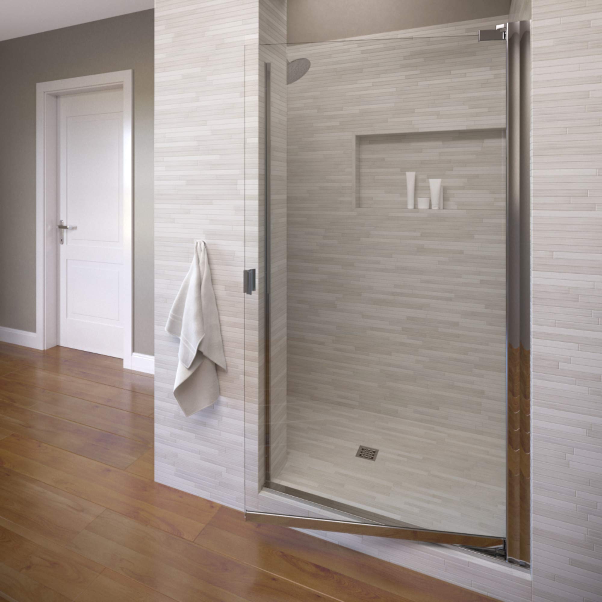 Basco Armon 31.75 to 33.25 Inch Semi-Frameless Pivot Shower Door - Clear Tempered Glass with Chrome Finish for Bathroom Renovation & Modern Home Upgrade